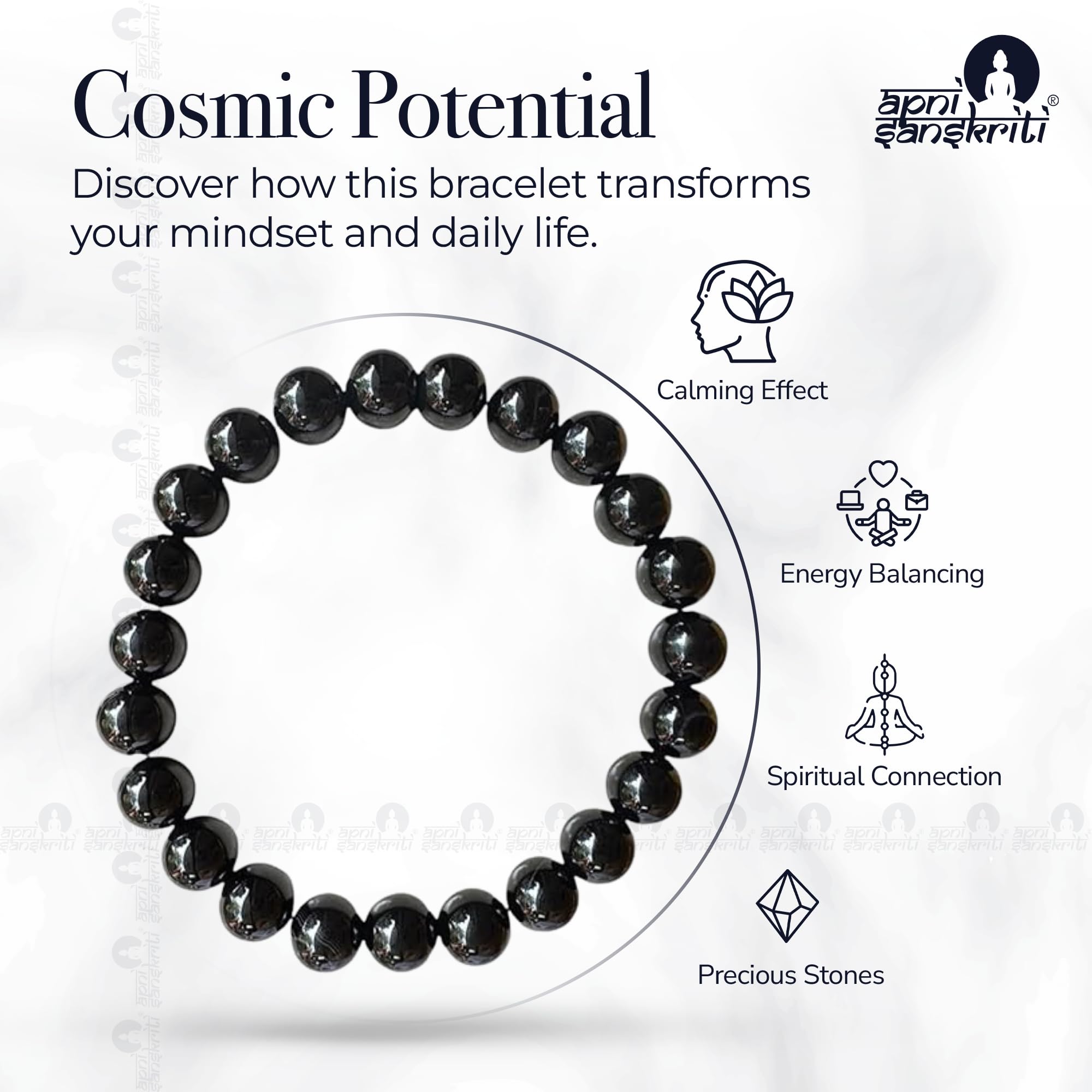 Apnisanskriti Certified Stone Bracelet (8mm) – Natural Reiki Feng Shui Round Gemstone – Free Size for Men & Women