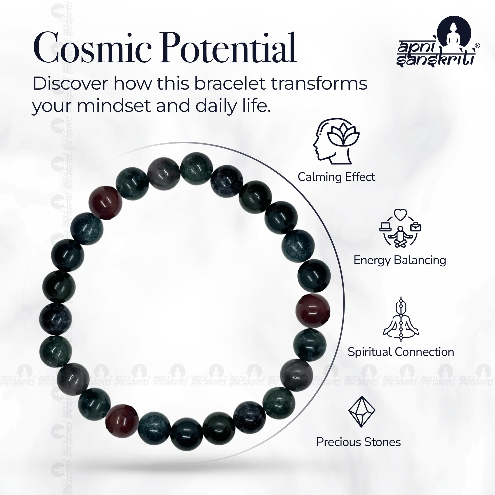 Apnisanskriti Certified Stone Bracelet (8mm) – Natural Reiki Feng Shui Round Gemstone – Free Size for Men & Women