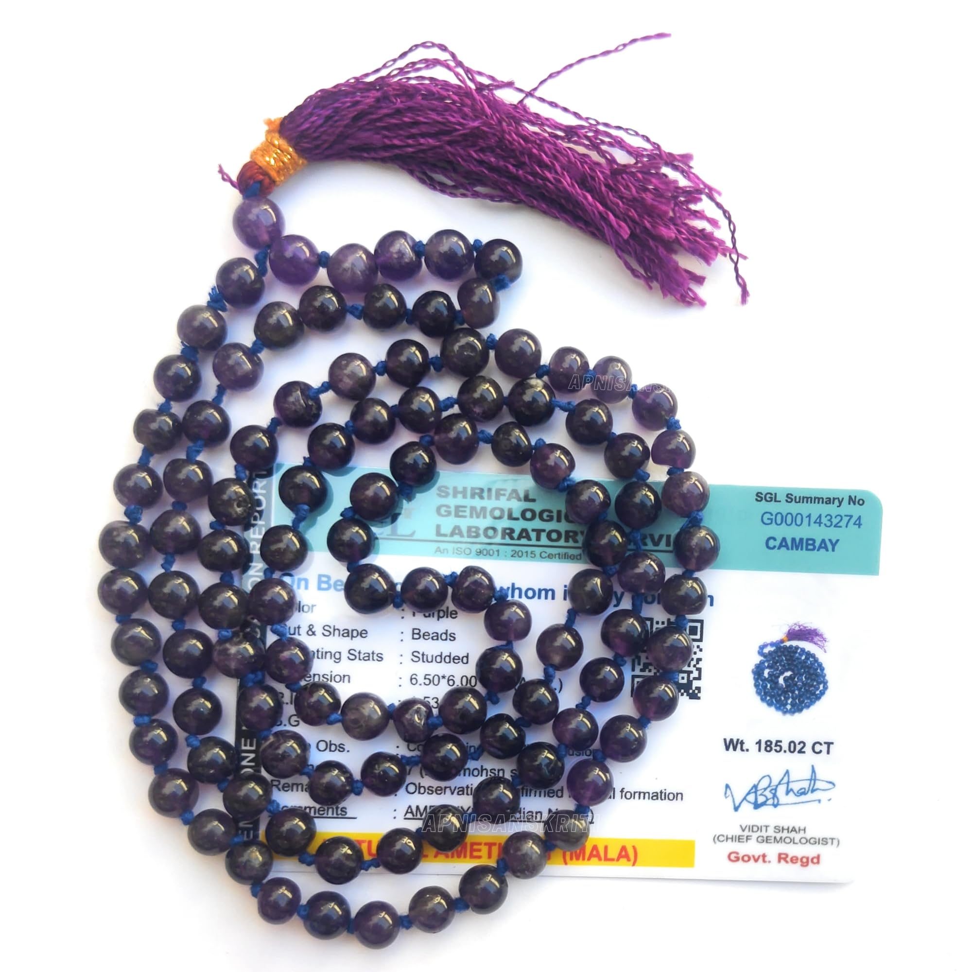 Apnisanskriti Premium Stone Mala for Men and Women (6mm, AAA Quality, Lab Certified, 108+1) - Natural Stone Beads Mala - Pack of 1