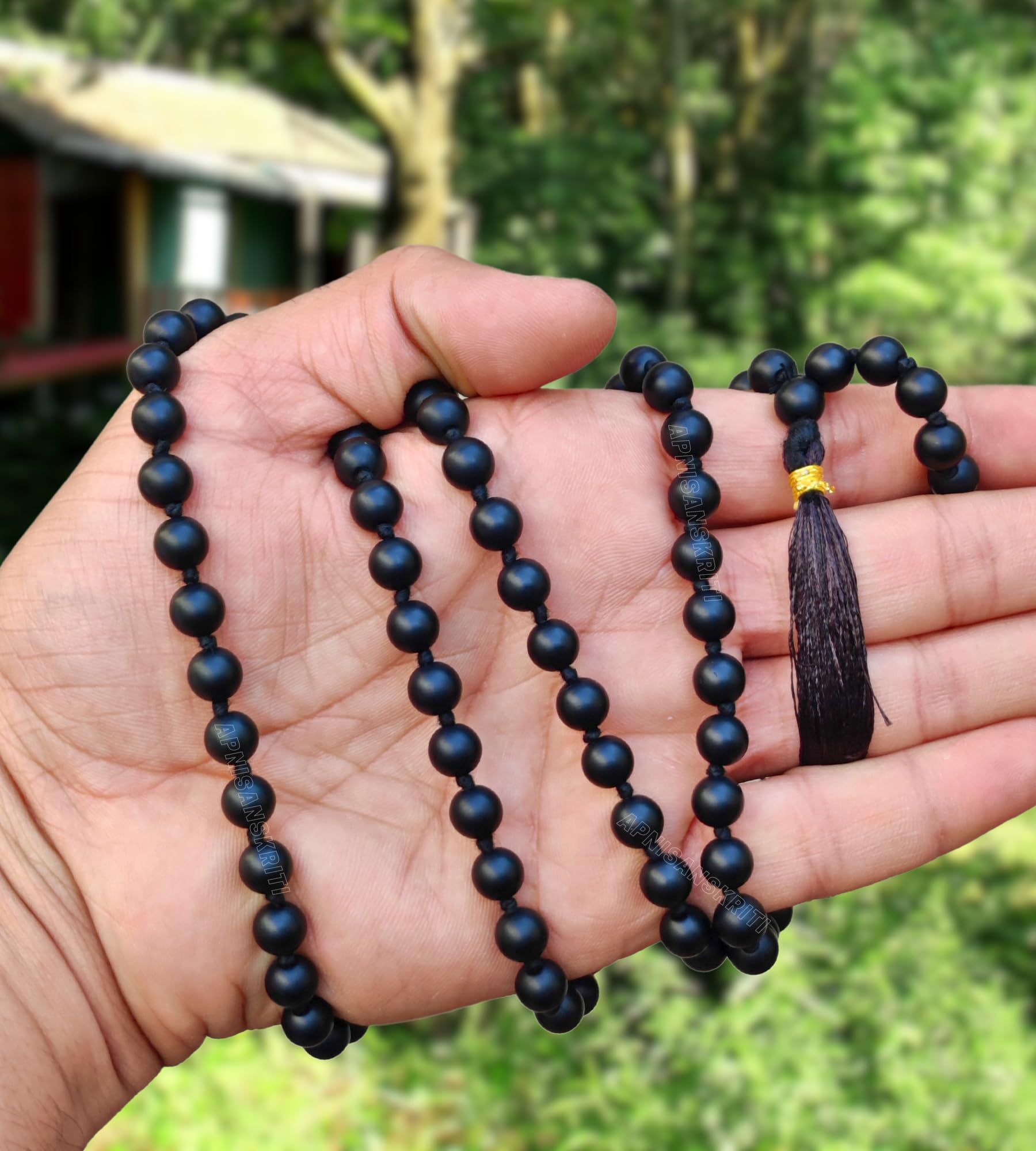 Apnisanskriti 8mm Black Onyx Matte Finish Mala - Strength and Serenity in Spiritual Practice (Pack of 1)