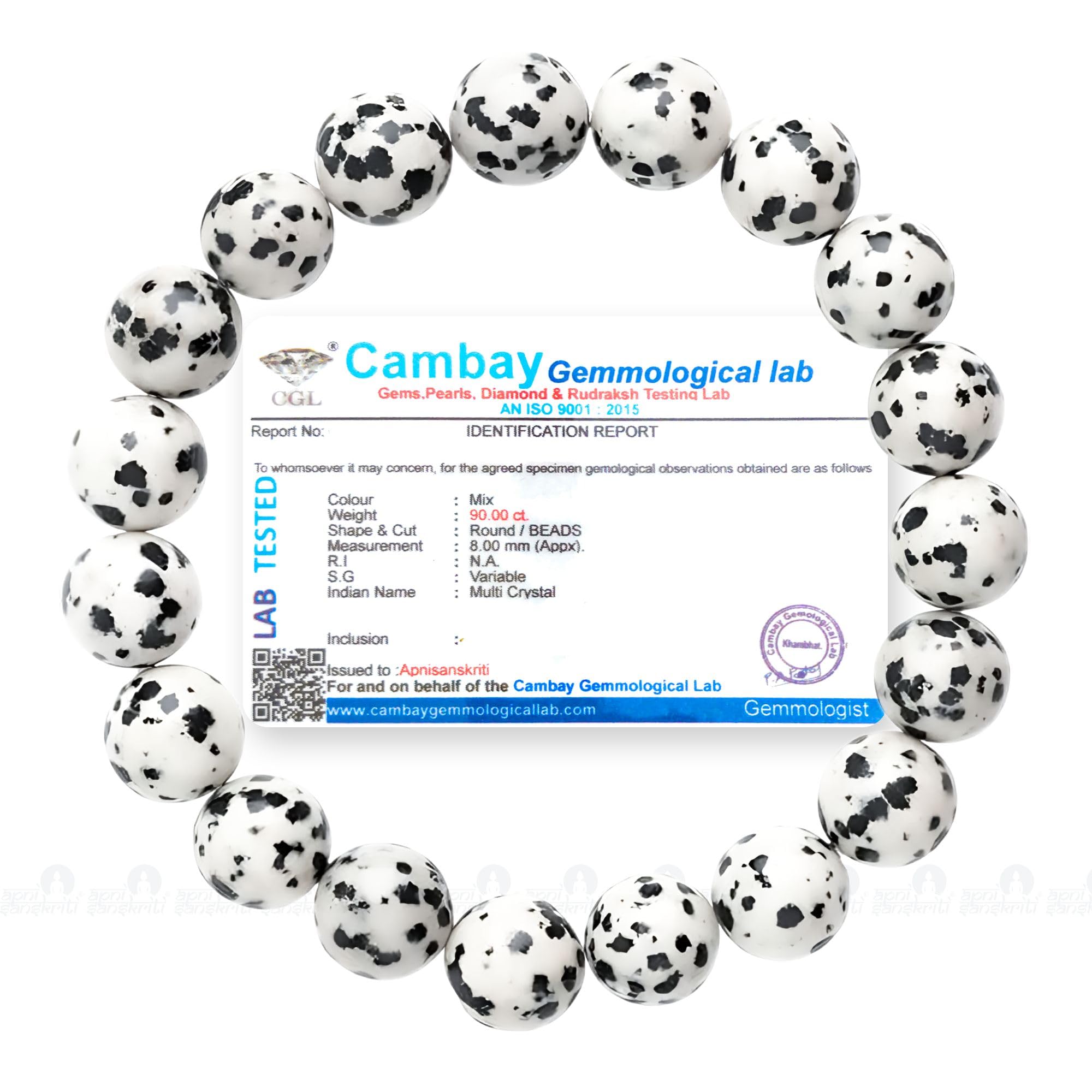 Apnisanskriti Certified Stone Bracelet (8mm) – Natural Reiki Feng Shui Round Gemstone – Free Size for Men & Women