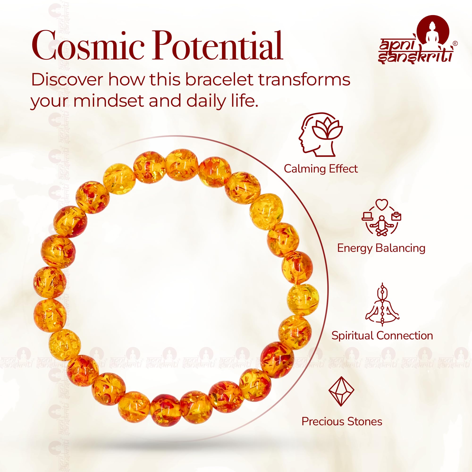 Apnisanskriti Certified Stone Bracelet (8mm) – Natural Reiki Feng Shui Round Gemstone – Free Size for Men & Women