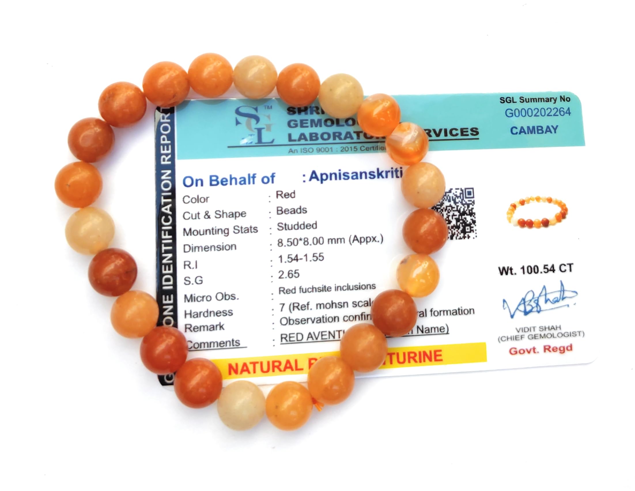 Apnisanskriti Certified Stone Bracelet (8mm) – Natural Reiki Feng Shui Round Gemstone – Free Size for Men & Women