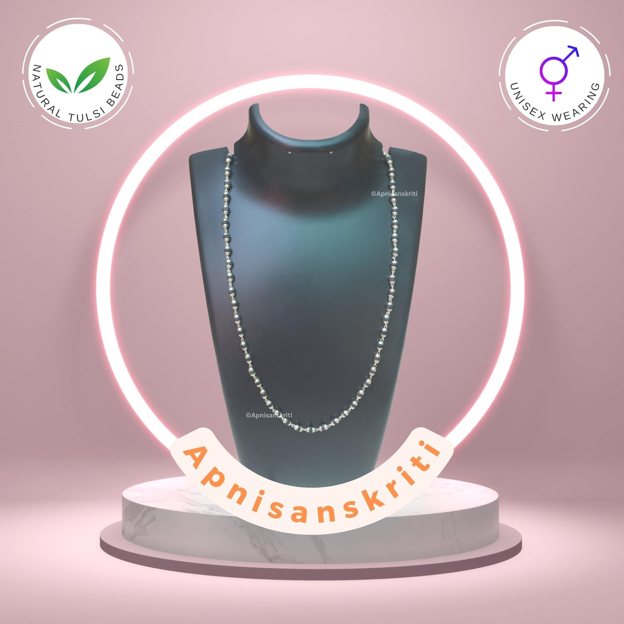 Apnisanskriti Black Tulsi Mala In Silver Designer Caps (3-4 mm, 55 beads, Lab Certified ) - Natural Black Tulsi Beads - Silver Plated- Pack of 1