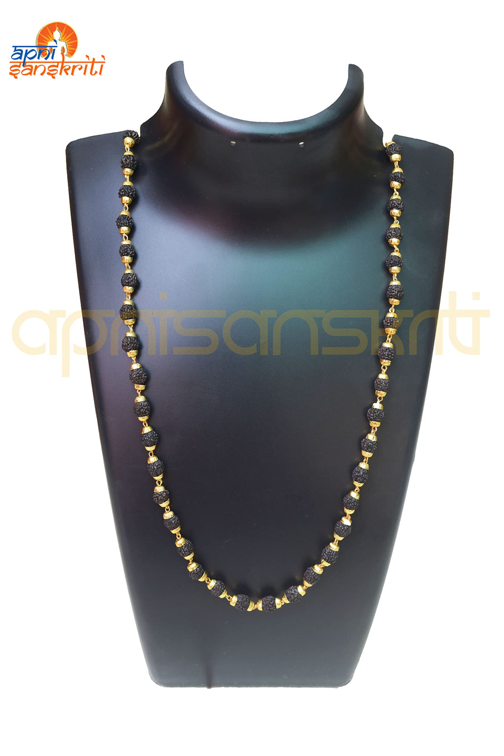 Apnisanskriti Black Rudraksha Mala with Golden Cap for Men/Women Wearing (Lab Certified, Original Black Rudraksh) - Pack of 1