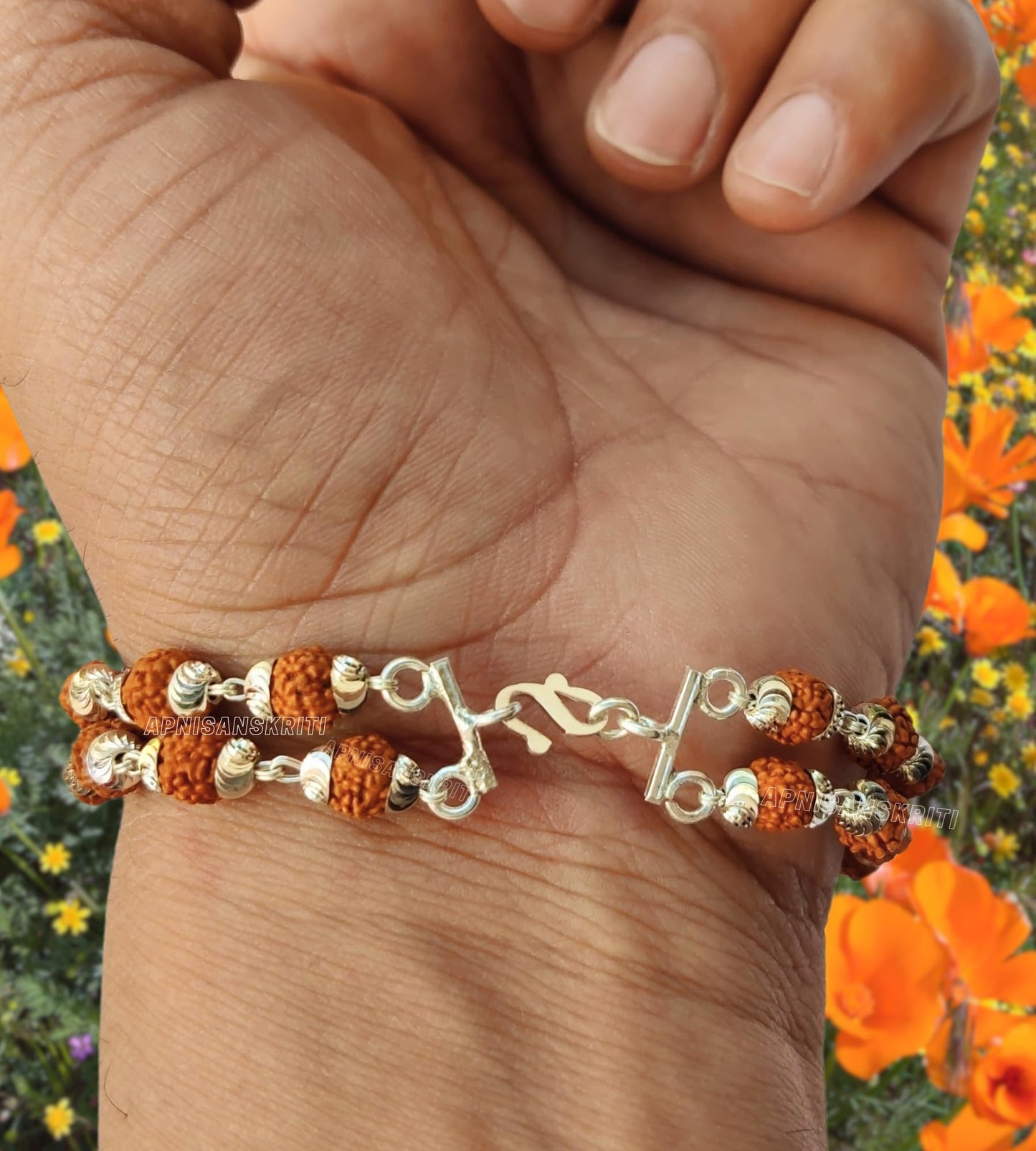 Apnisanskriti Premium Lab Certified Rudraksha Bracelet - Diamond Cut Design with 2 Lines, Pure Silver (Pack of 1)