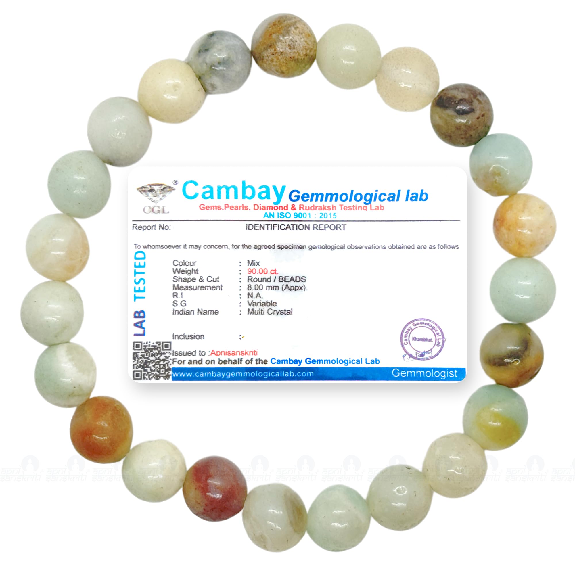 Apnisanskriti Certified Stone Bracelet (8mm) – Natural Reiki Feng Shui Round Gemstone – Free Size for Men & Women