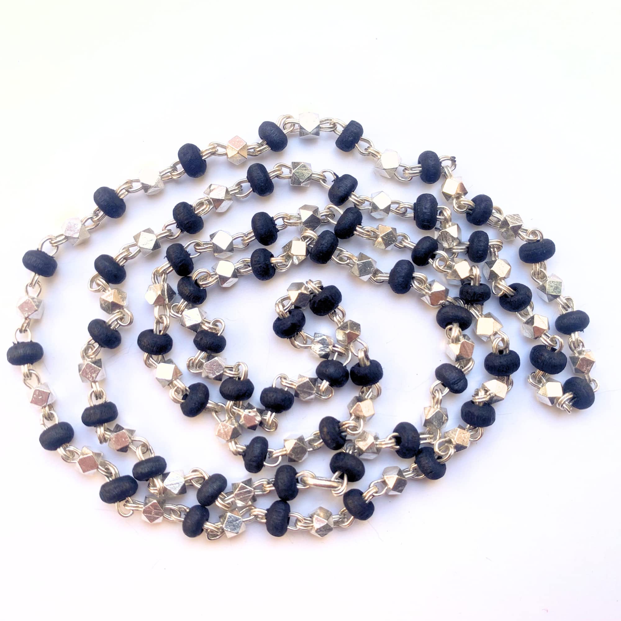 Apnisanskriti Black & White Tulsi Mala in Silver Designer Caps - Special Edition Big Size - Natural White Tulsi Beads - Pure Silver