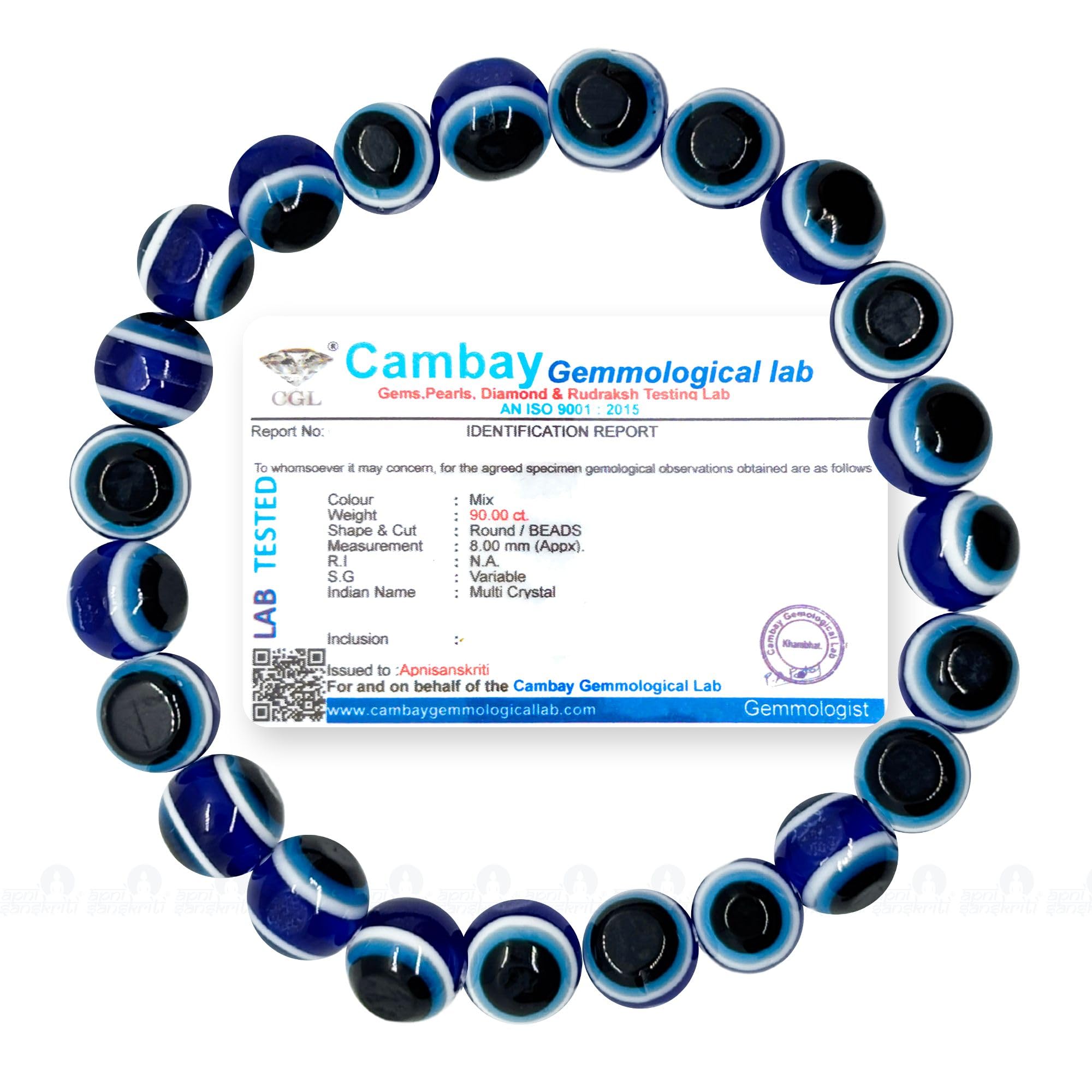 Apnisanskriti Certified Stone Bracelet (8mm) – Natural Reiki Feng Shui Round Gemstone – Free Size for Men & Women