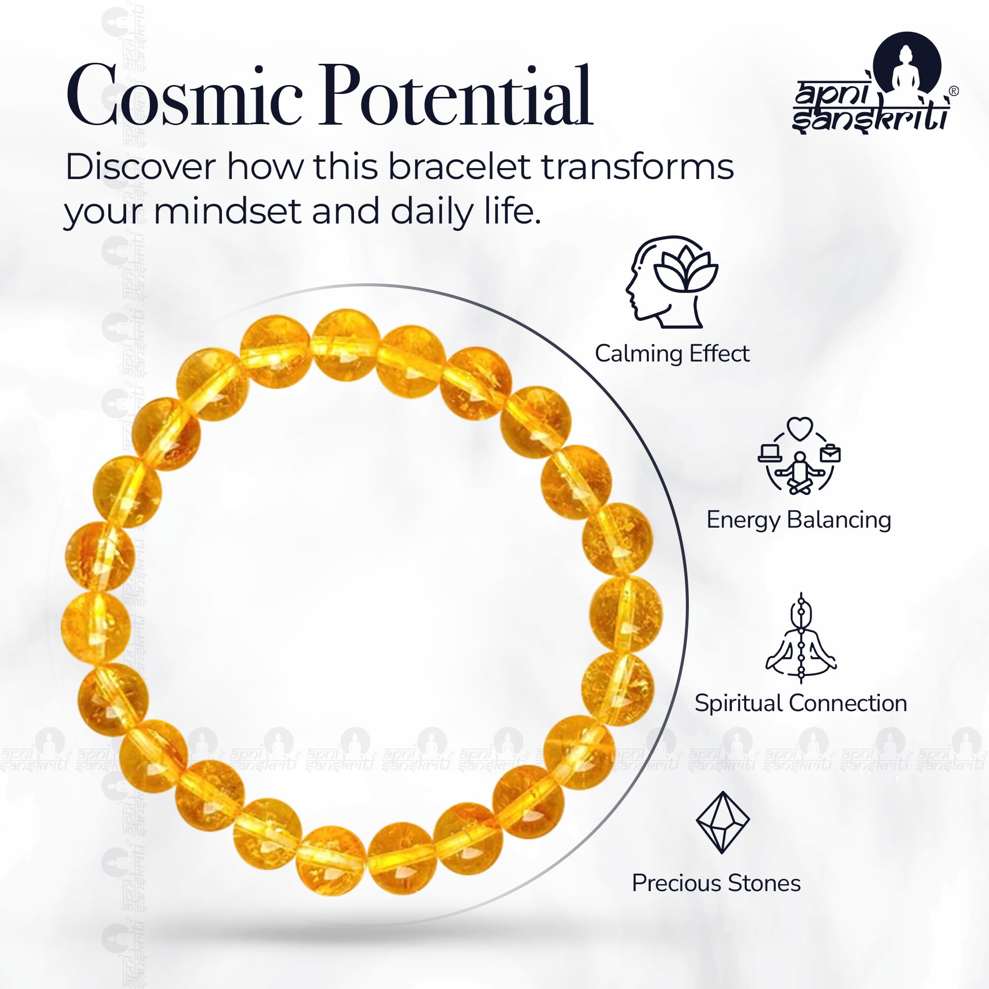 Apnisanskriti Certified Stone Bracelet (8mm) – Natural Reiki Feng Shui Round Gemstone – Free Size for Men & Women