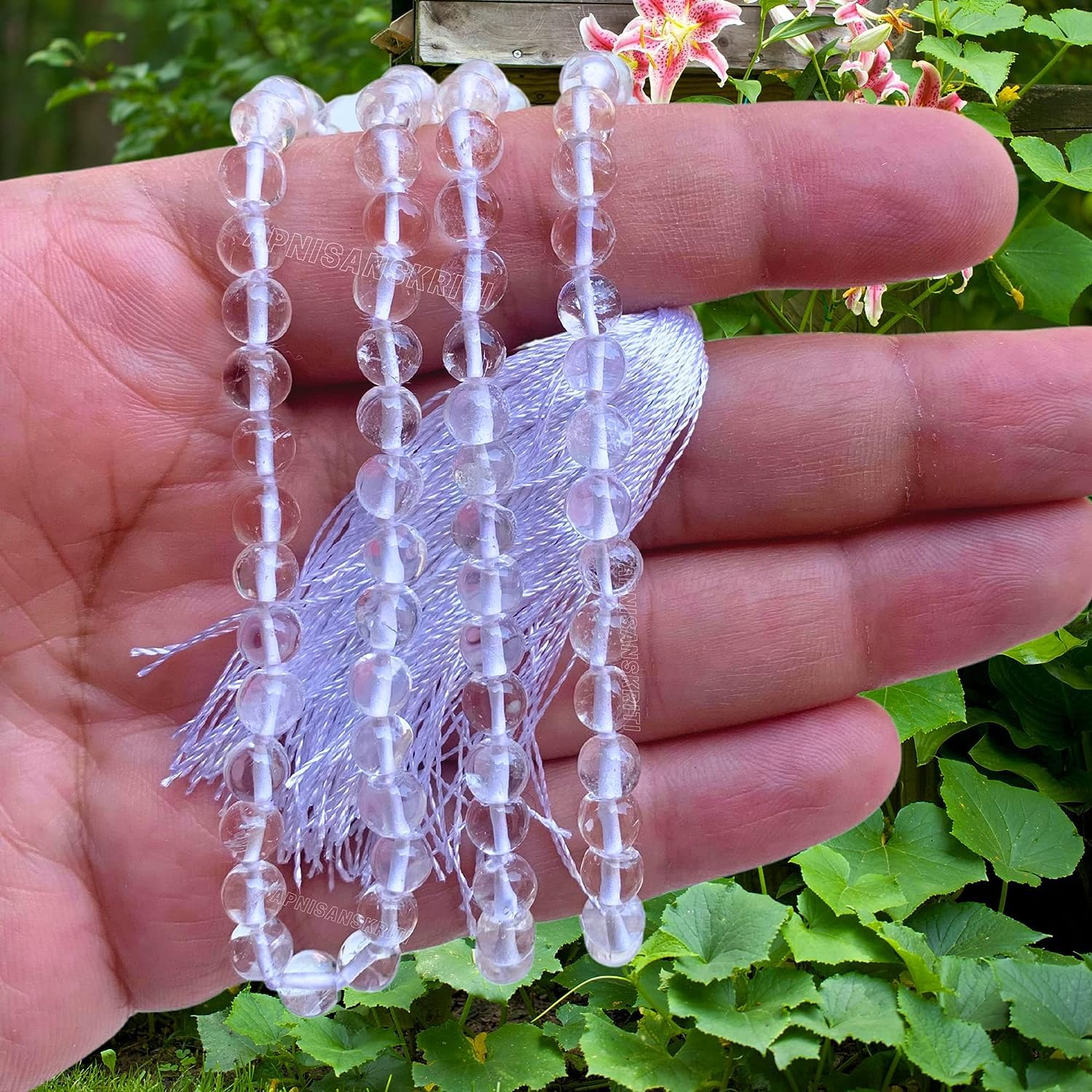 Apnisanskriti 6mm Sphatik Mala with Tussle (108+1 Beads) | Natural & Lab Certified | Spadigam Malai | Crystal Jaap Mala for Pooja and Wearing (24 inch)