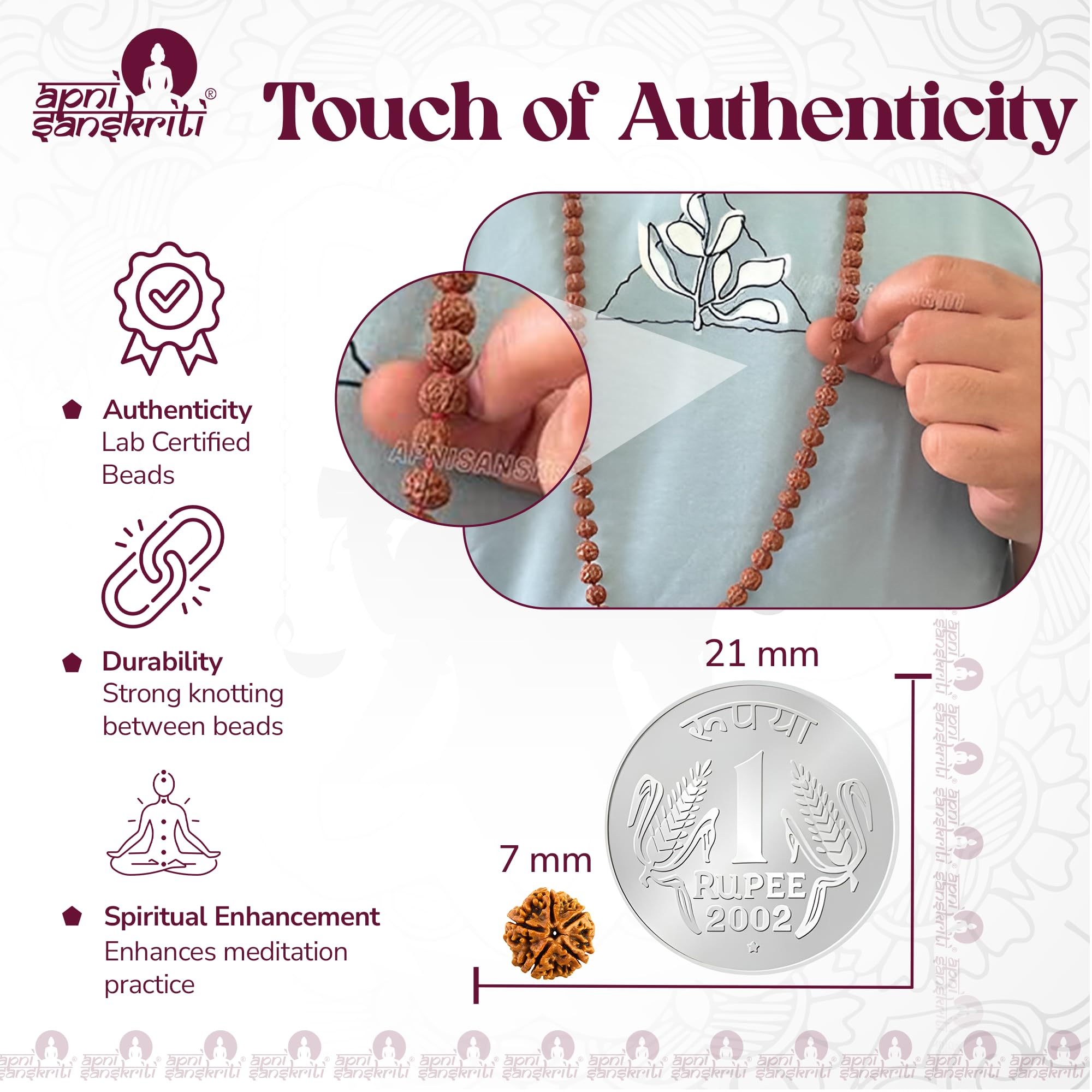 Apnisanskriti 5 Mukhi Rudraksha Mala with Buddha Face for Jaap and Men/Women Wearing (Lab Certified, 7mm, Medium Bead Size, Chest Length, 108+1 Beads) - Natural Brown Rudraksh Beads - Pack of 1