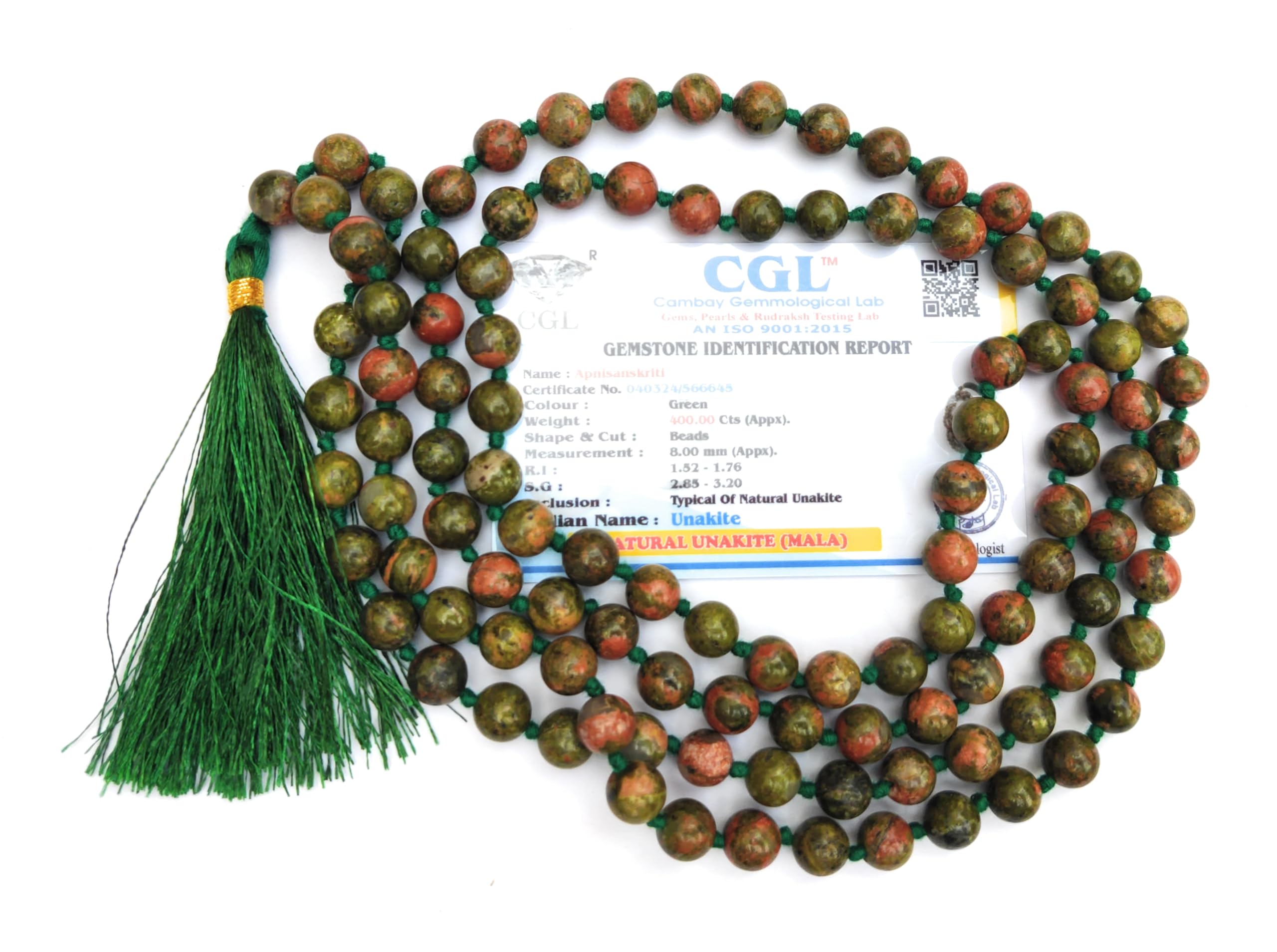 Apnisanskriti 8mm Unakite Mala - Balance and Harmony in Spiritual Practice (Pack of 1)
