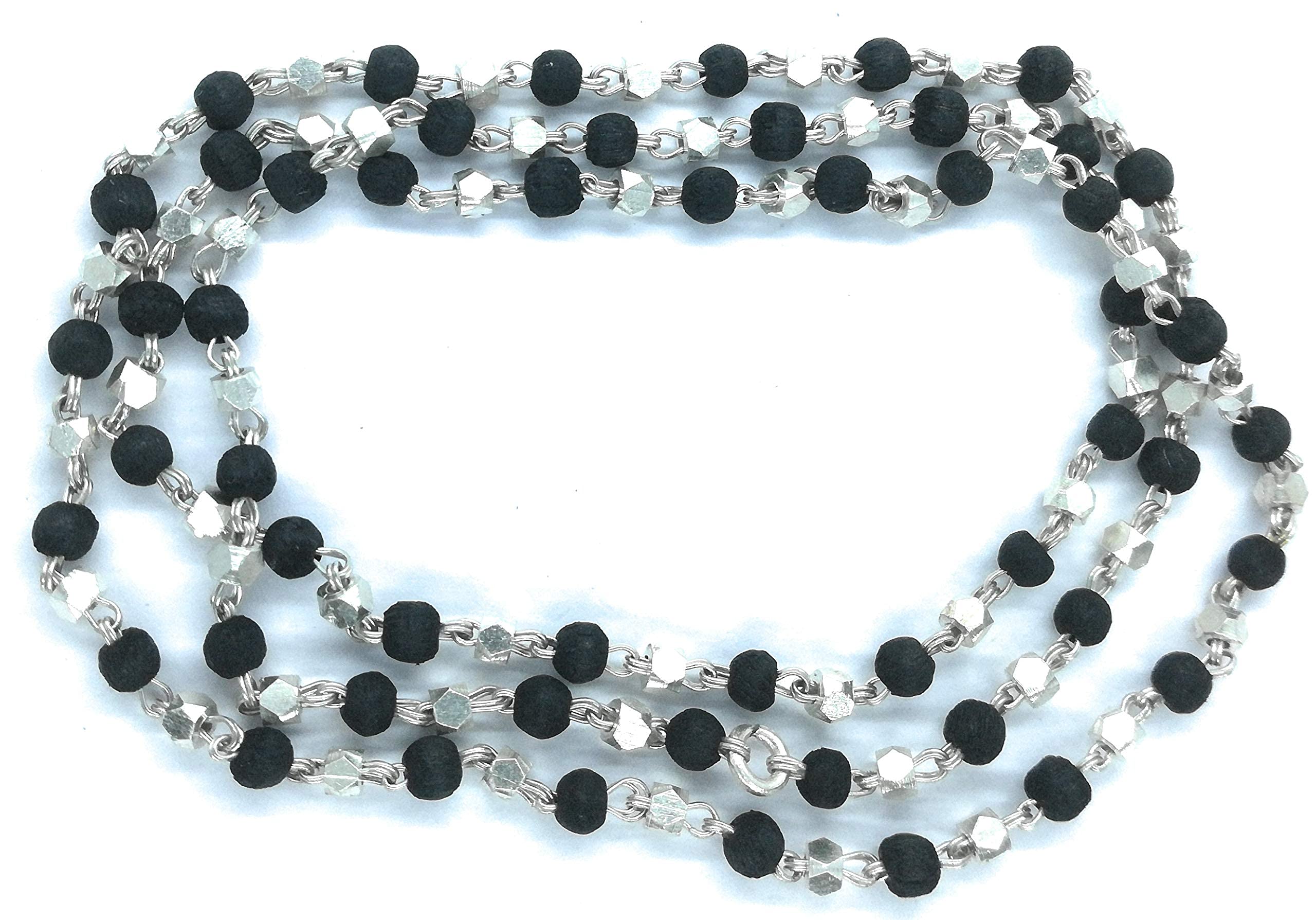 Apnisanskriti Black & White Tulsi Mala in Silver Designer Caps - Special Edition Big Size - Natural White Tulsi Beads - Pure Silver