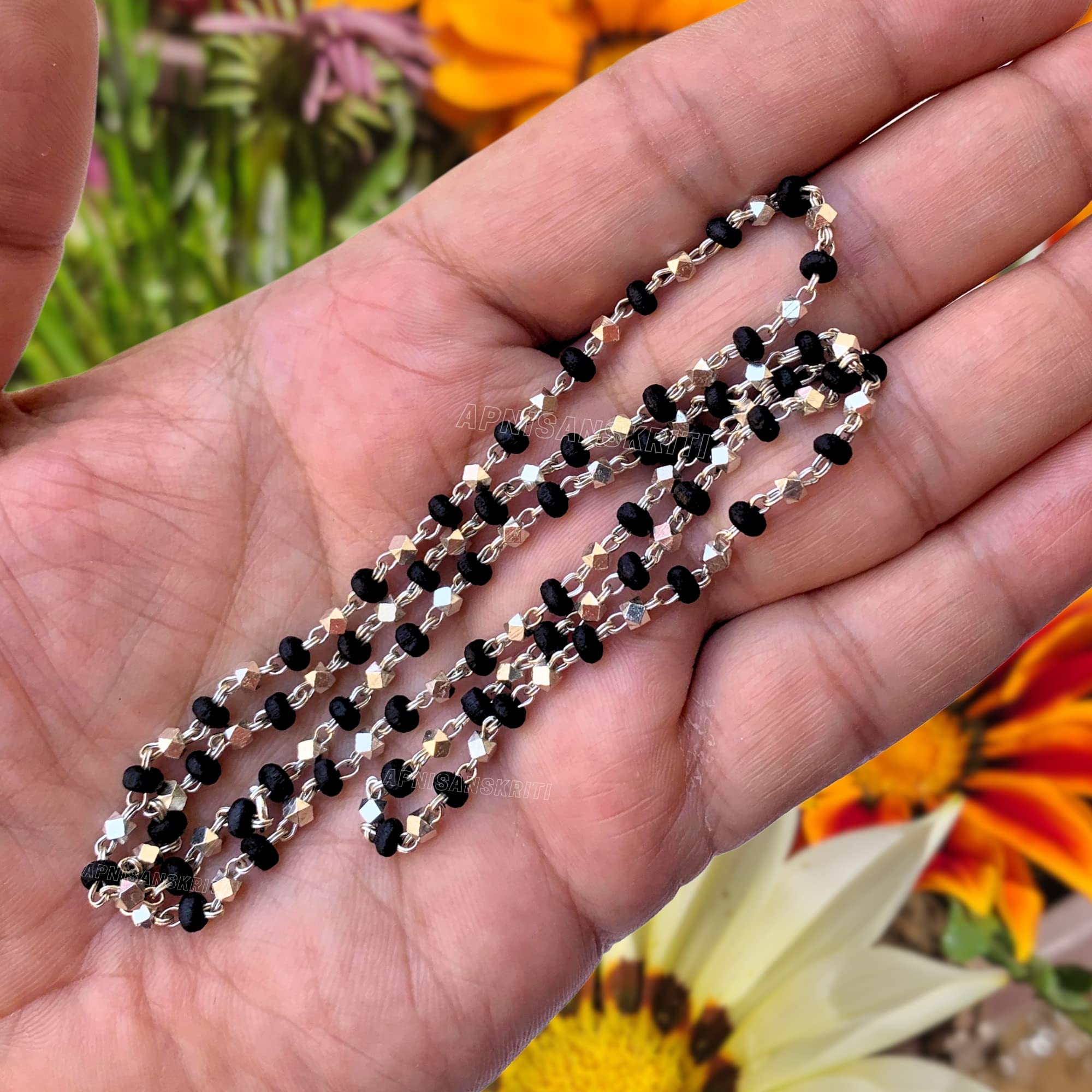 Apnisanskriti Black & White Tulsi Mala in Silver Designer Caps - Special Edition Big Size - Natural White Tulsi Beads - Pure Silver