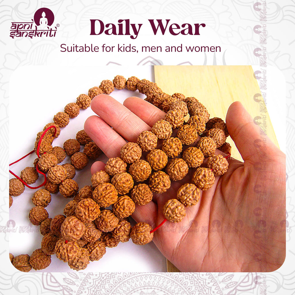 Apnisanskriti 5 Mukhi Rudraksha Mala for Jaap and Men/Women Wearing (10mm, Big Bead Size, 108+1, Lab Certified) - Natural Rudraksh Beads - Pack of 1
