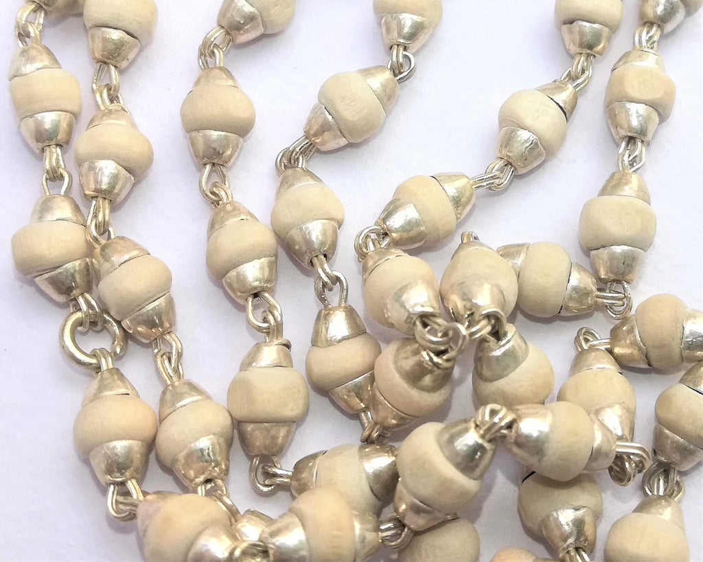 Apnisanskriti Black & White Tulsi Mala in Silver Designer Caps - Special Edition Big Size - Natural White Tulsi Beads - Pure Silver