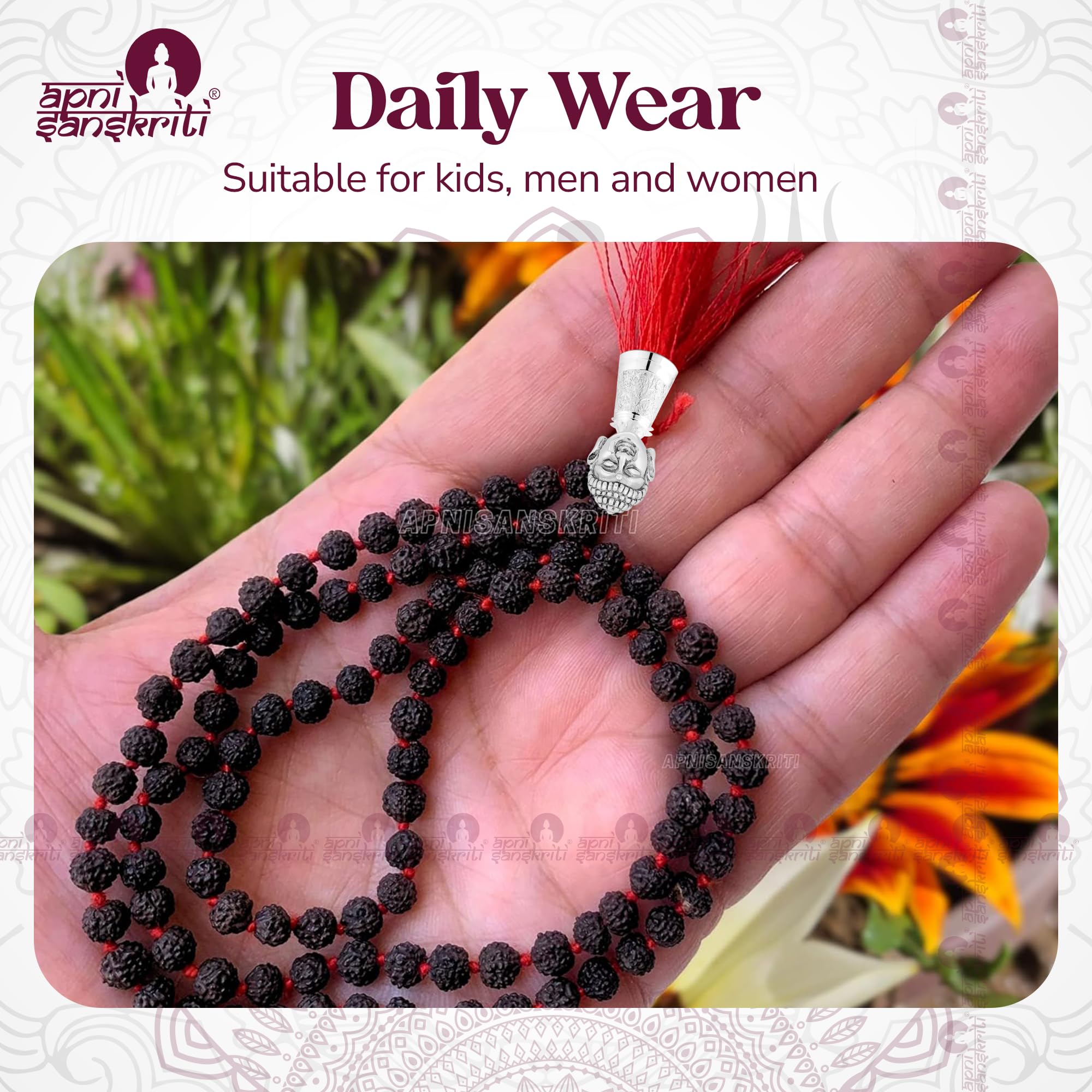 Apnisanskriti Black Rudraksha Mala With Buddha Face (6 mm, Chest Length, 108+1 Beads, Lab Certified ) - Natural Black Rudraksha Beads - Pack of 1