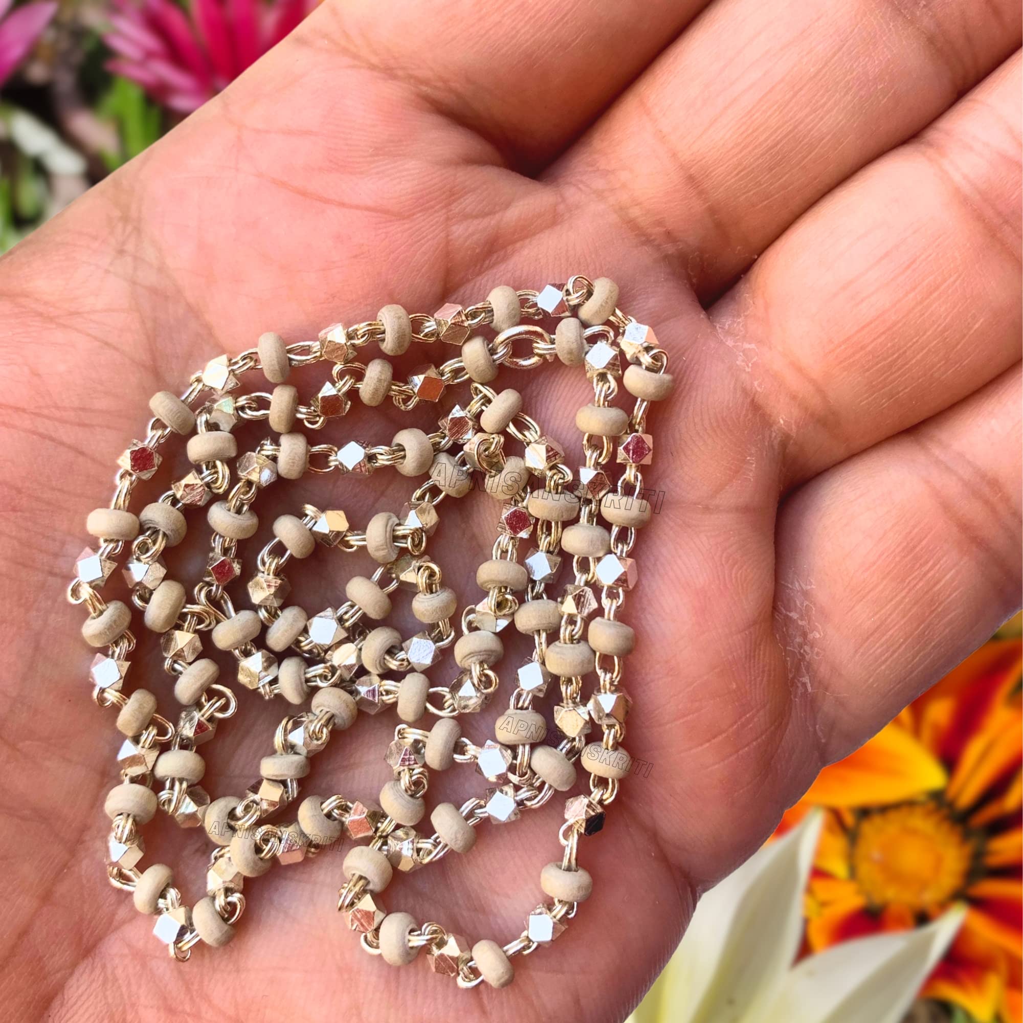 Apnisanskriti Black & White Tulsi Mala in Silver Designer Caps - Special Edition Big Size - Natural White Tulsi Beads - Pure Silver