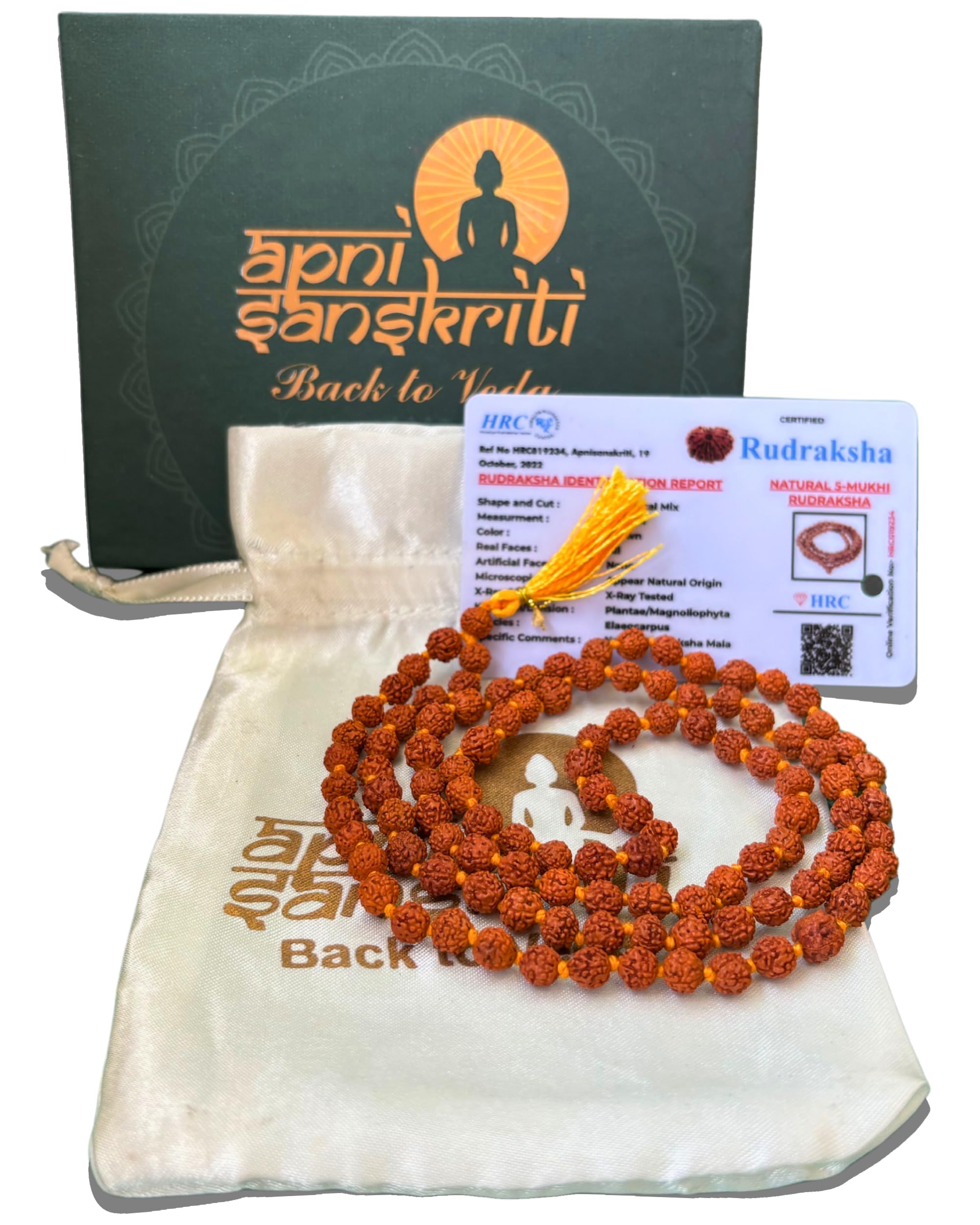 Apnisanskriti 5 Mukhi Rudraksha Mala for Men/Women Wearing (108+1, Lab Certified, Natural Brown Rudraksha Beads)