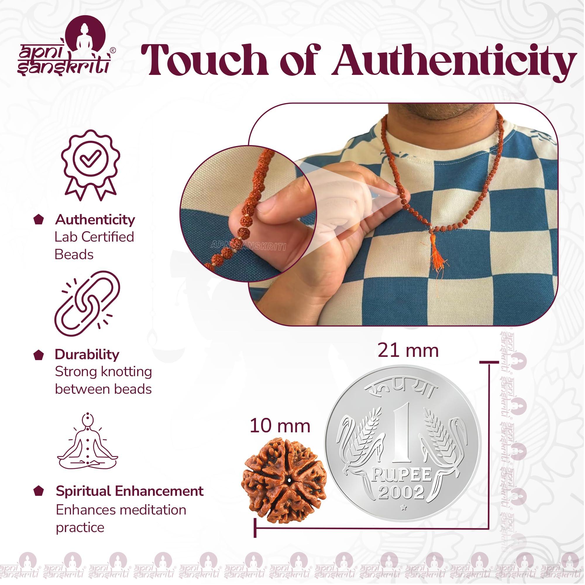 Apnisanskriti 5 Mukhi Rudraksha Mala for Jaap and Men/Women Wearing (10mm, Big Bead Size, 108+1, Lab Certified) - Natural Rudraksh Beads - Pack of 1