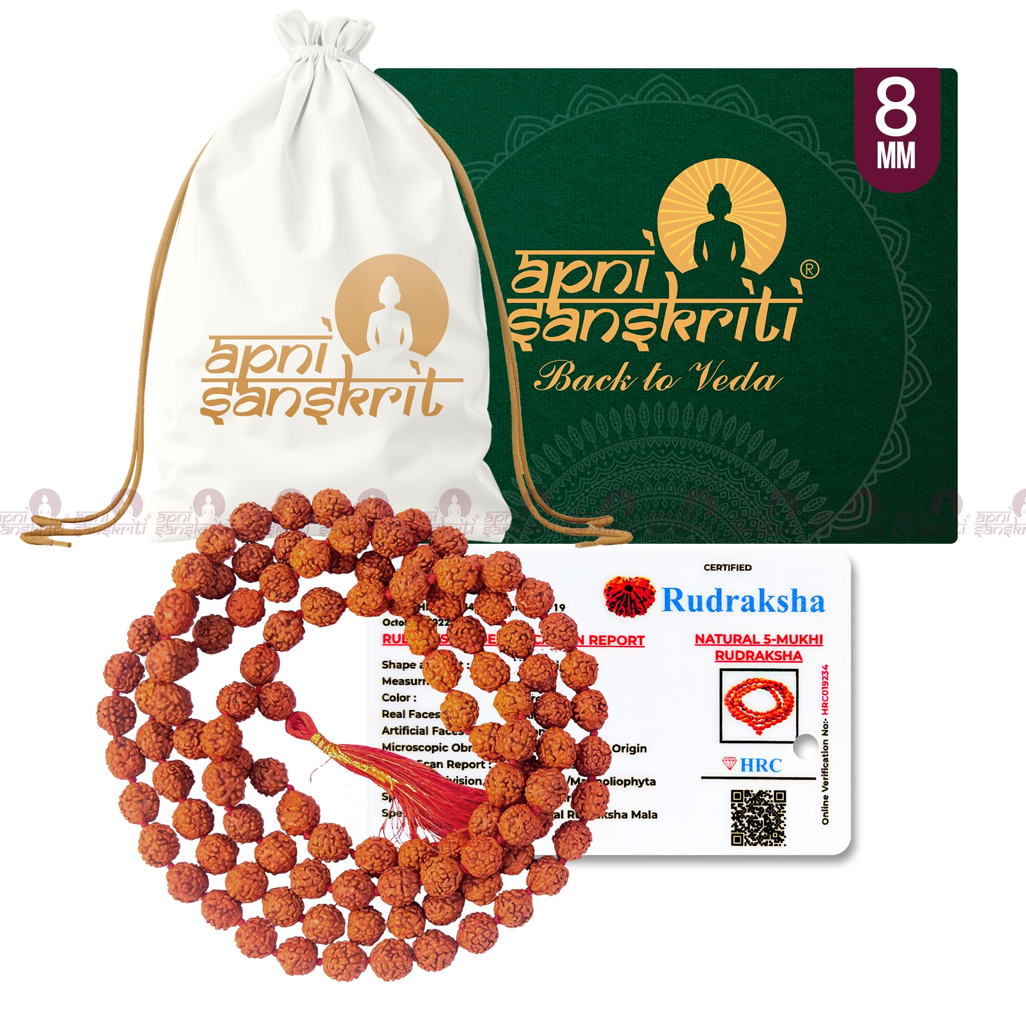 Apnisanskriti 5 Mukhi Rudraksha Mala for Jaap and men/women wearing (8 mm, large bead size, 108+1 Beads, Lab Certified) - Natural Brown Rudraksha Beads - Pack of 1