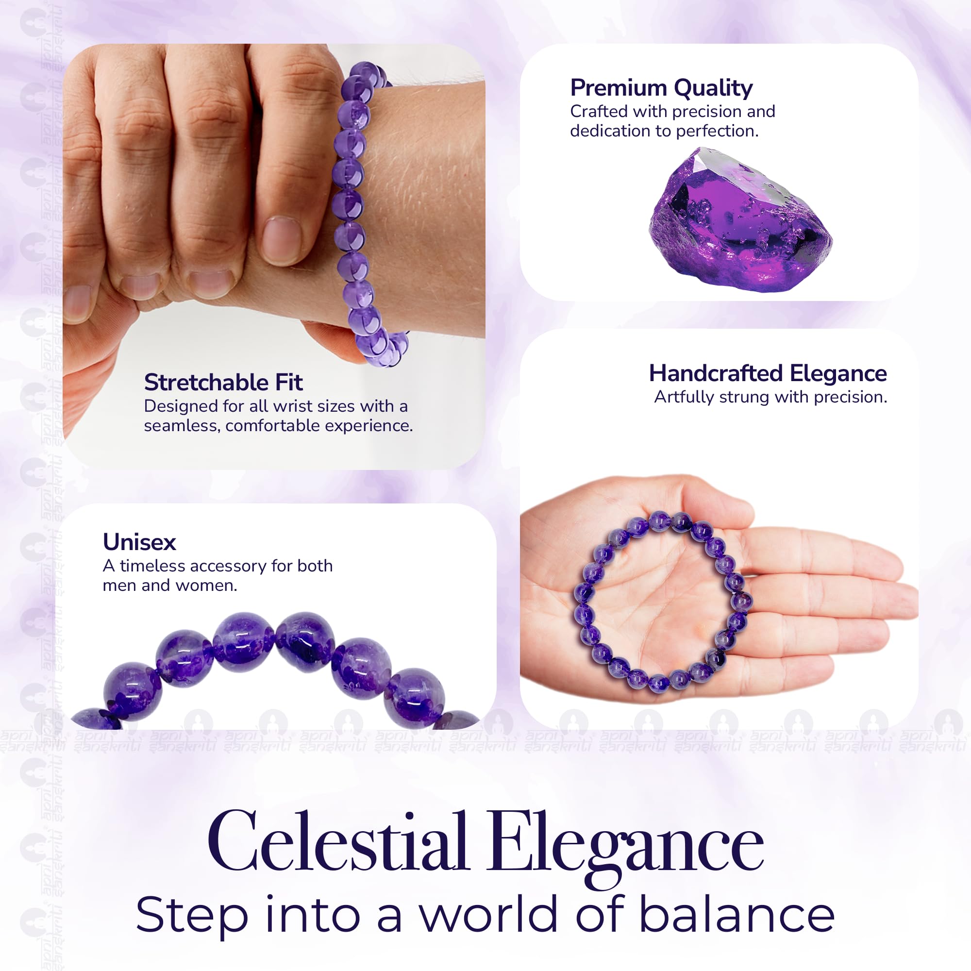 Apnisanskriti Certified Stone Bracelet (8mm) – Natural Reiki Feng Shui Round Gemstone – Free Size for Men & Women