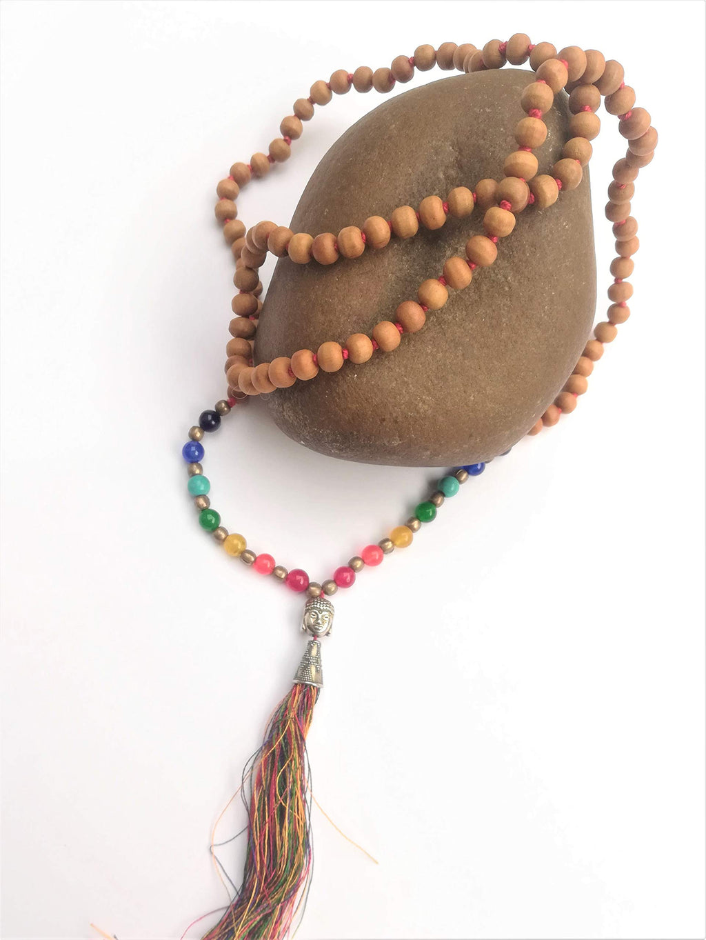 Apnisanskriti Chandan Mala (Sandalwood Rosary) with 7 Chakra and Buddha Face for Japa and Men / Women Wearing (6mm, Medium Bead Size, 108+1 Beads, Lab Certified) - 100% Natural Light Brown Chandan Beads - Pack of 1