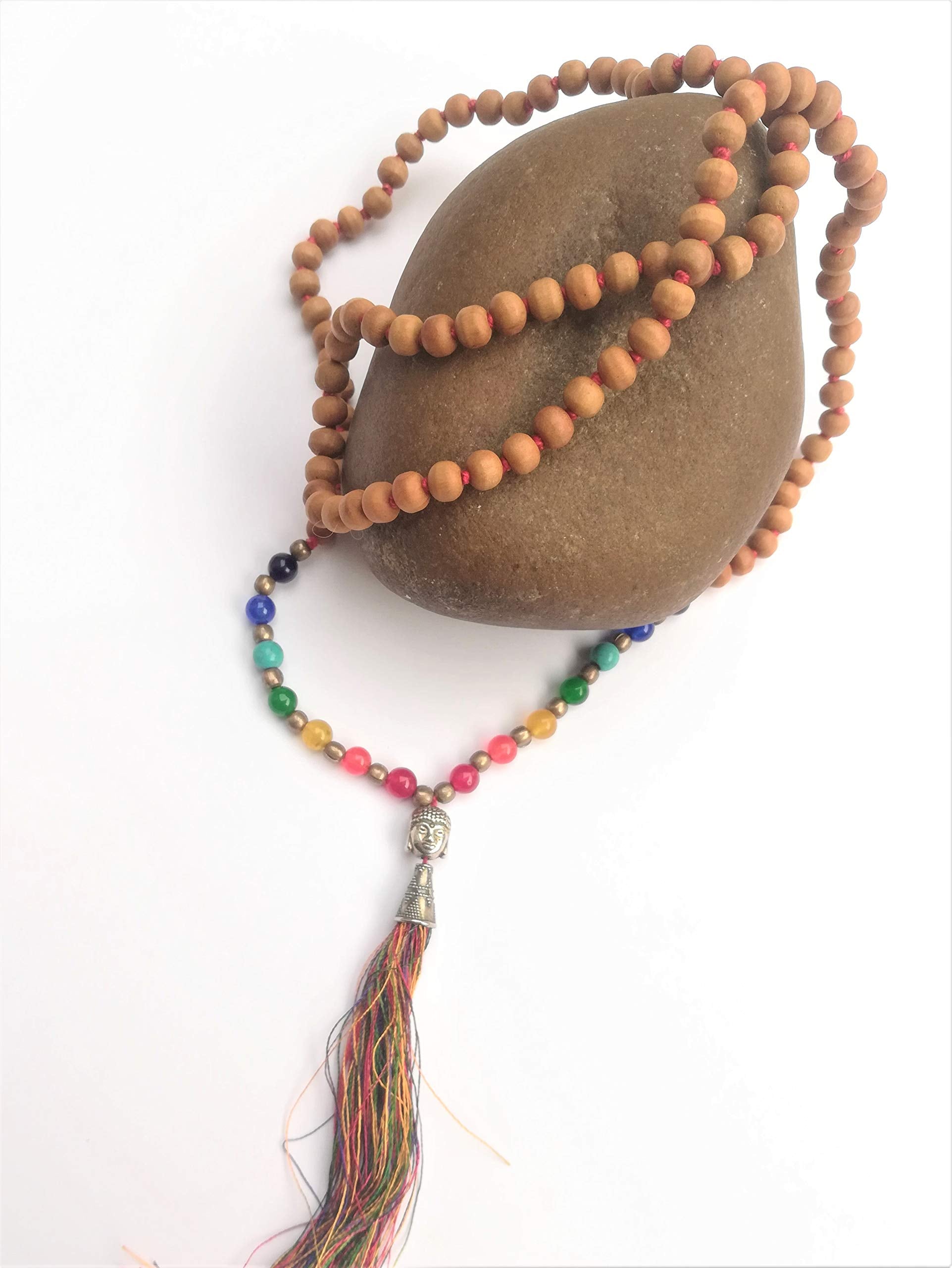 Apnisanskriti Chandan Mala (Sandalwood Rosary) with 7 Chakra and Buddha Face for Japa and Men / Women Wearing (6mm, Medium Bead Size, 108+1 Beads, Lab Certified) - 100% Natural Light Brown Chandan Beads - Pack of 1