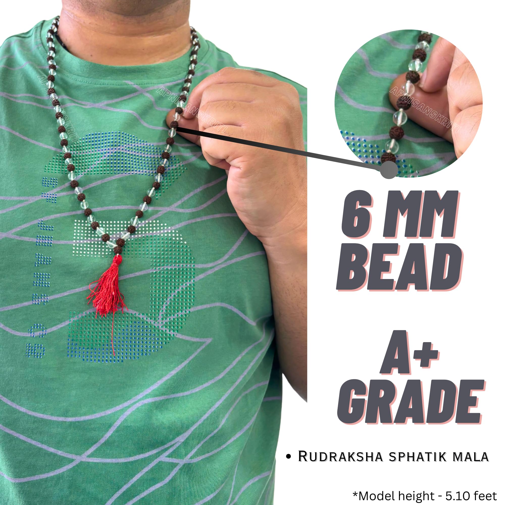 Apnisanskriti Certified Black Rudraksha and Spatic Beads Mala - Natural Beads for Men and Women