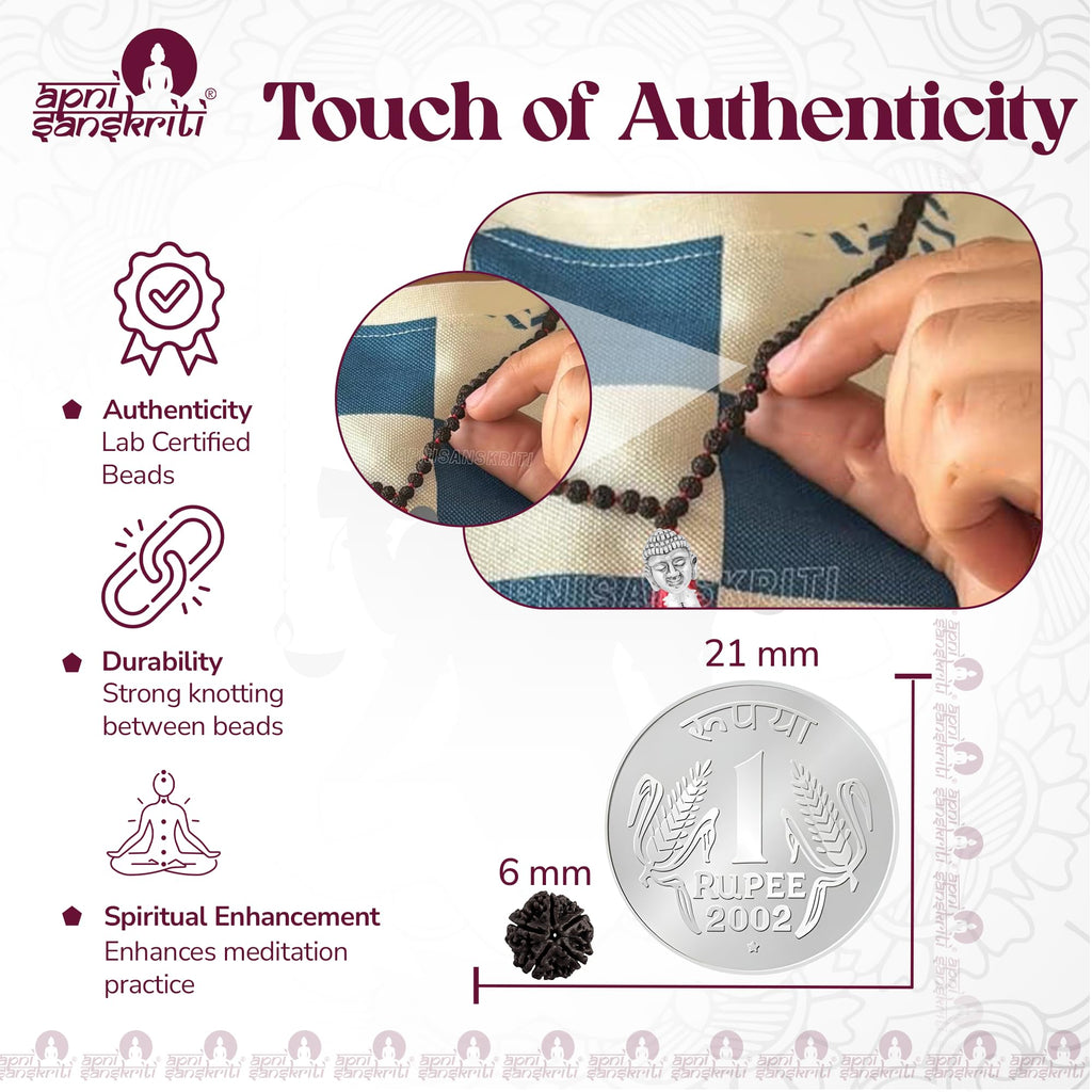 Apnisanskriti Black Rudraksha Mala With Buddha Face (6 mm, Chest Length, 108+1 Beads, Lab Certified ) - Natural Black Rudraksha Beads - Pack of 1