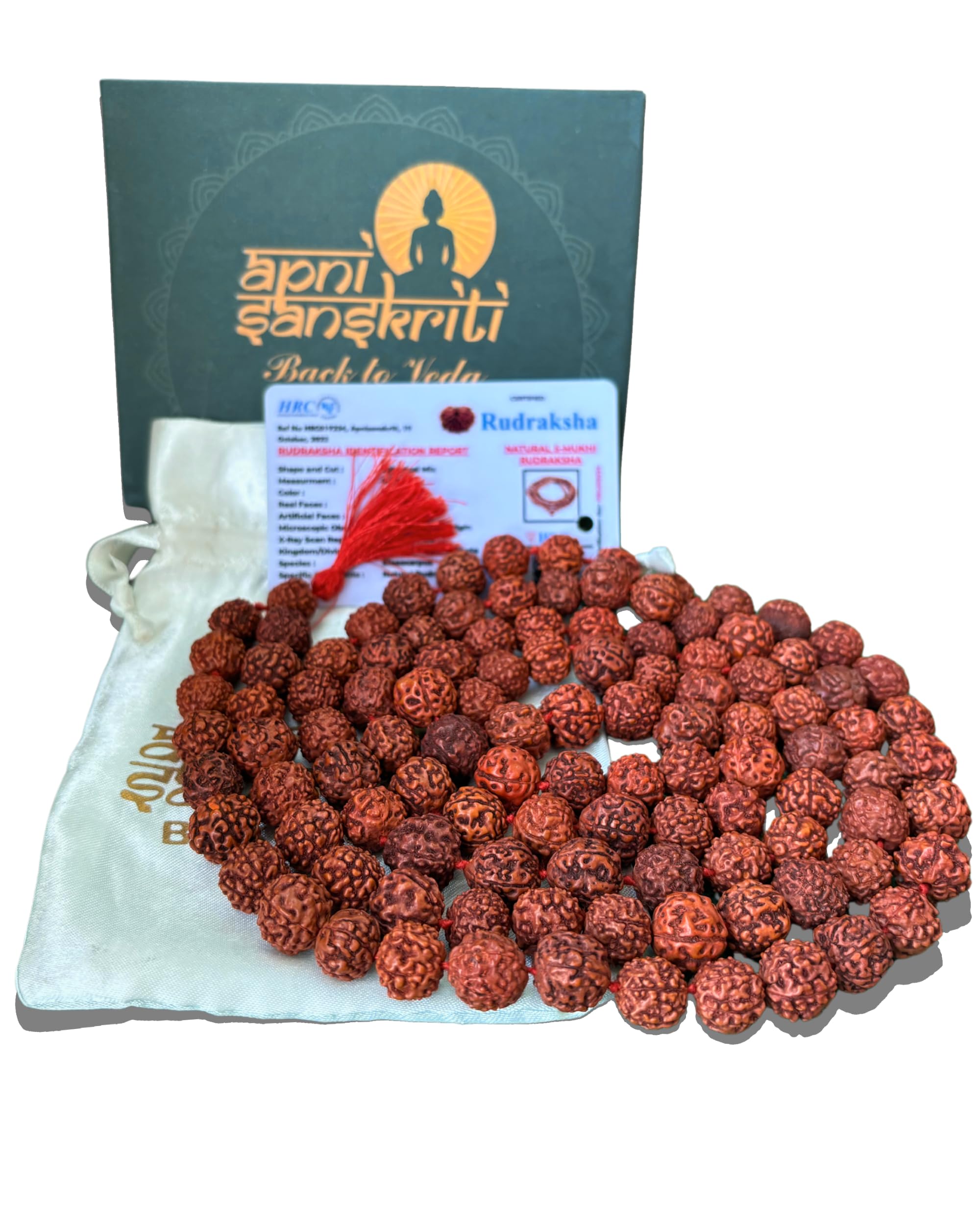 Apnisanskriti 5 Mukhi Rudraksha Mala for Men/Women Wearing (108+1, Lab Certified, Natural Brown Rudraksha Beads)