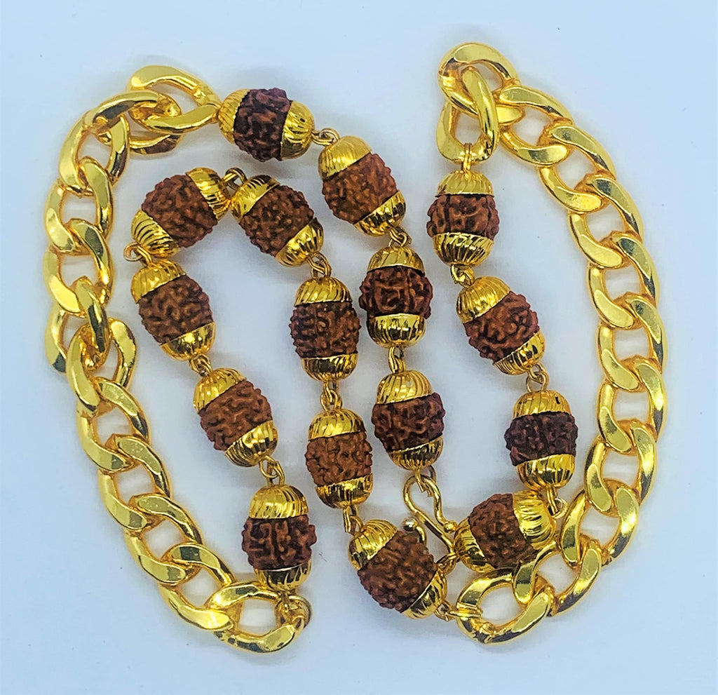 Apnisanskriti Designer Rudraksha Mala with Golden Chain (16 Beads,10 mm Beads, 19 Inch, Medium Length) Natural Rudraksh Beads (Pack of 1)