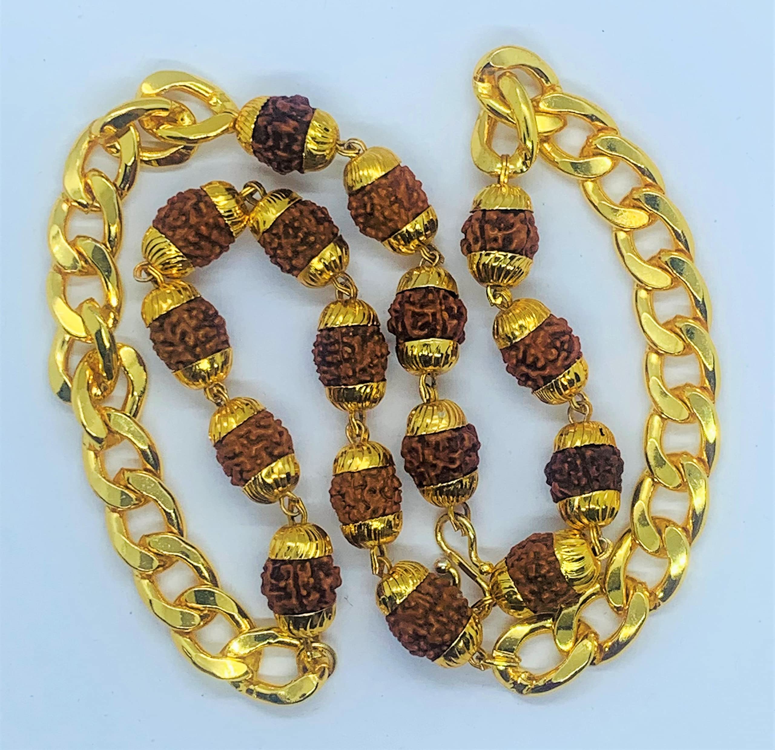 Apnisanskriti Designer Rudraksha Mala with Golden Chain (16 Beads,10 mm Beads, 19 Inch, Medium Length) Natural Rudraksh Beads (Pack of 1)