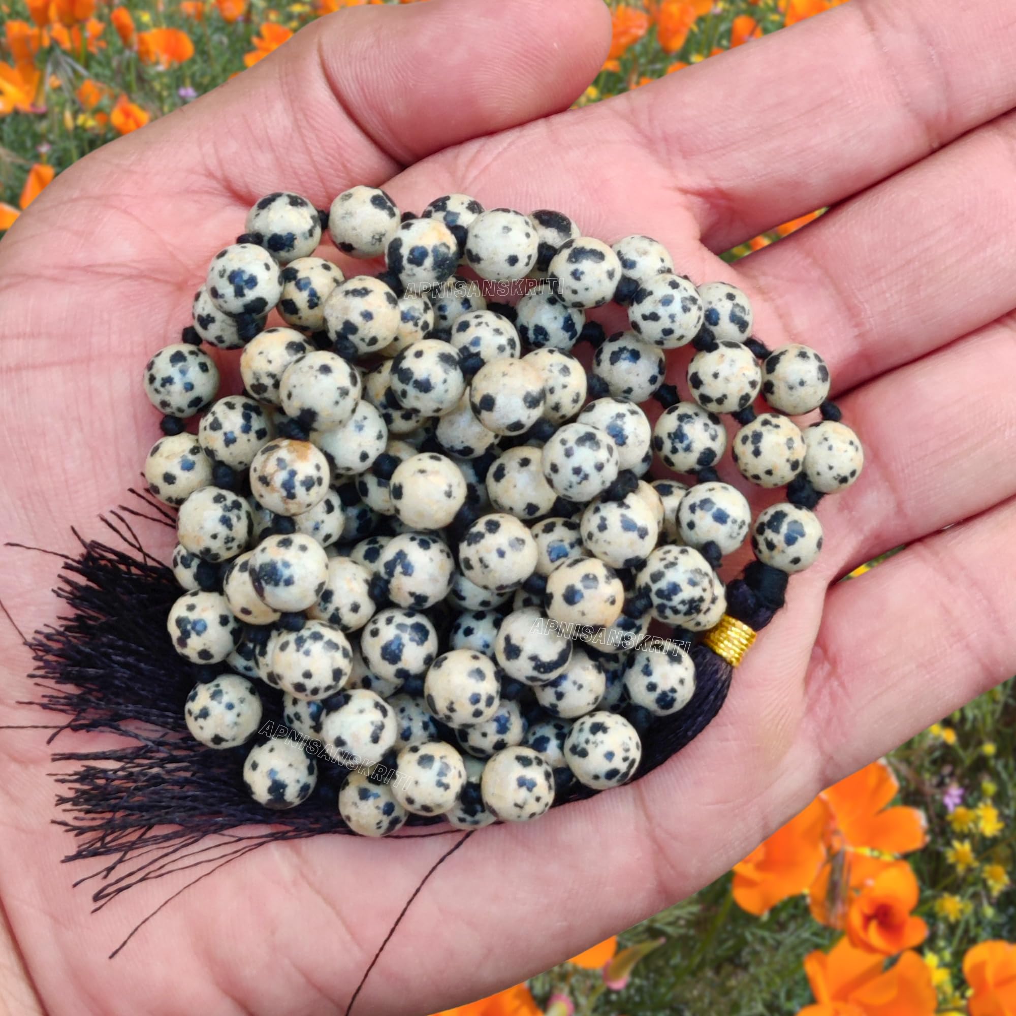 Apnisanskriti 8mm Dalmatian Jasper Mala - Grounding Beads for Joy and Spiritual Harmony (Pack of 1)