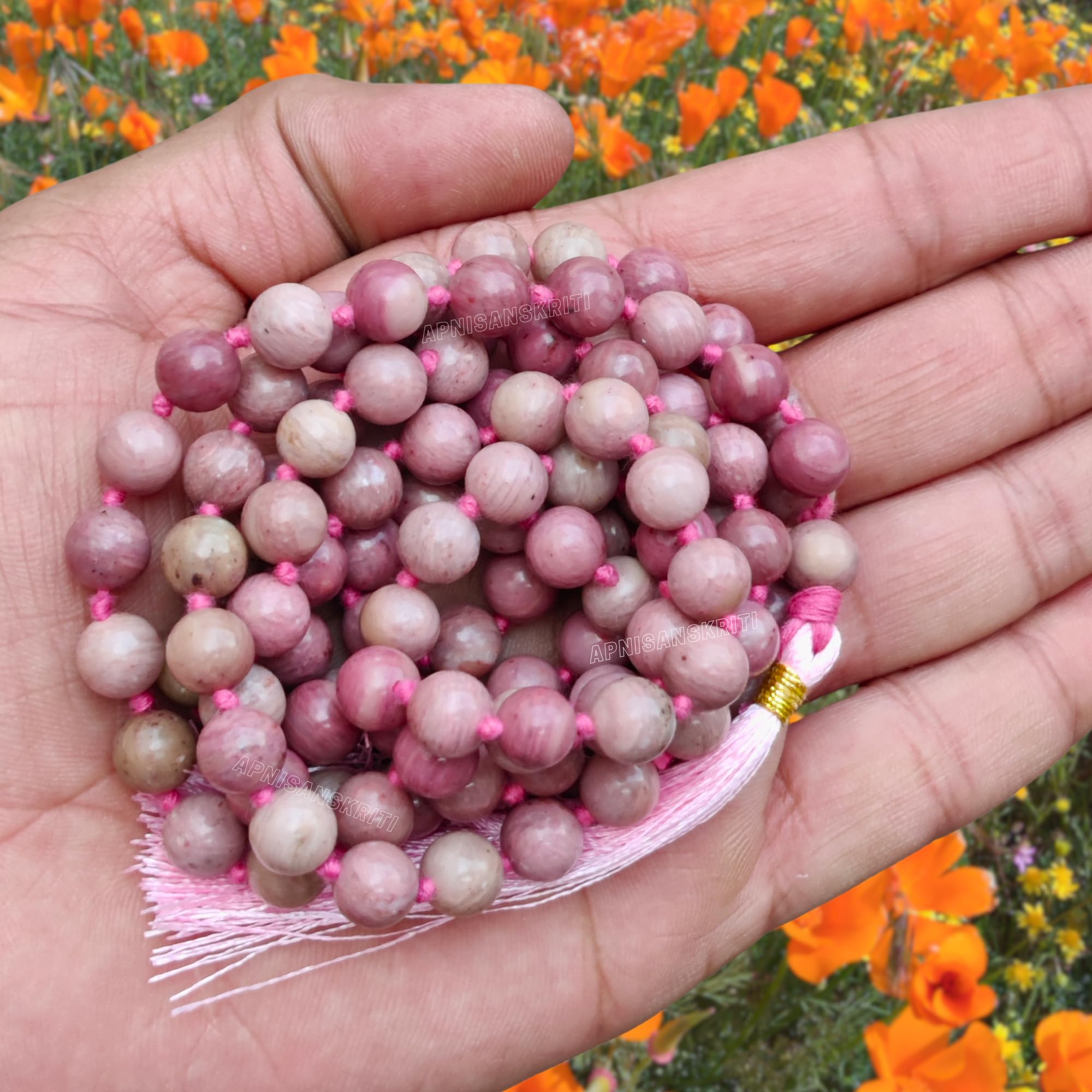 Apnisanskriti 8mm Rhodochrosite Mala - Love and Compassion in Spiritual Practice (Pack of 1)