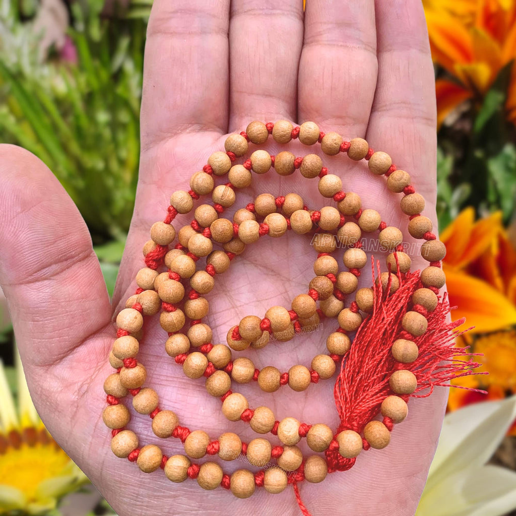 Apnisanskriti Chandan Mala (Sandalwood Rosary) for men and women wearing (4mm, small bead size, 108+1 Beads, Lab Certified) - Natural Light Brown Chandan Beads - Pack of 1