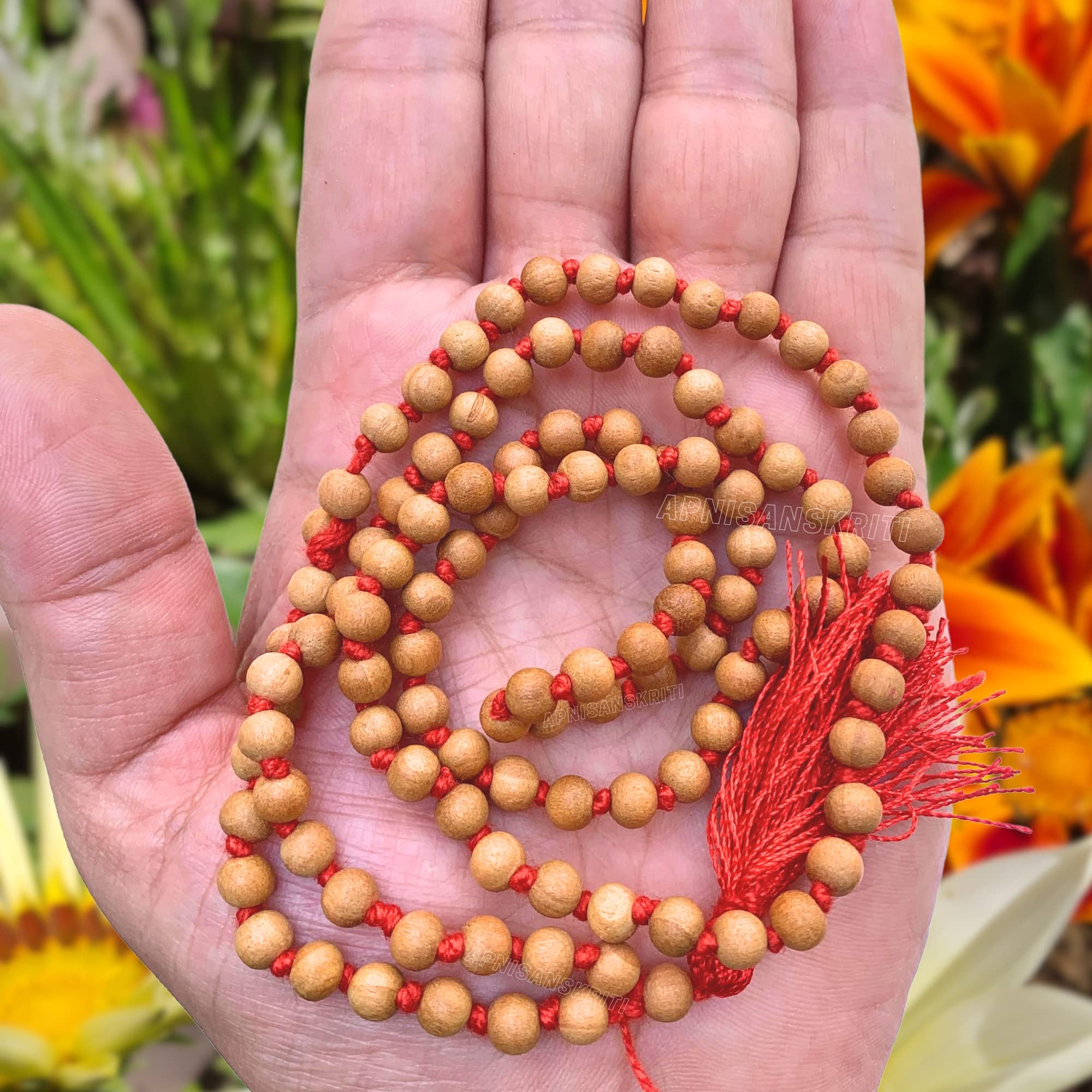 Apnisanskriti Chandan Mala (Sandalwood Rosary) for men and women wearing (4mm, small bead size, 108+1 Beads, Lab Certified) - Natural Light Brown Chandan Beads - Pack of 1