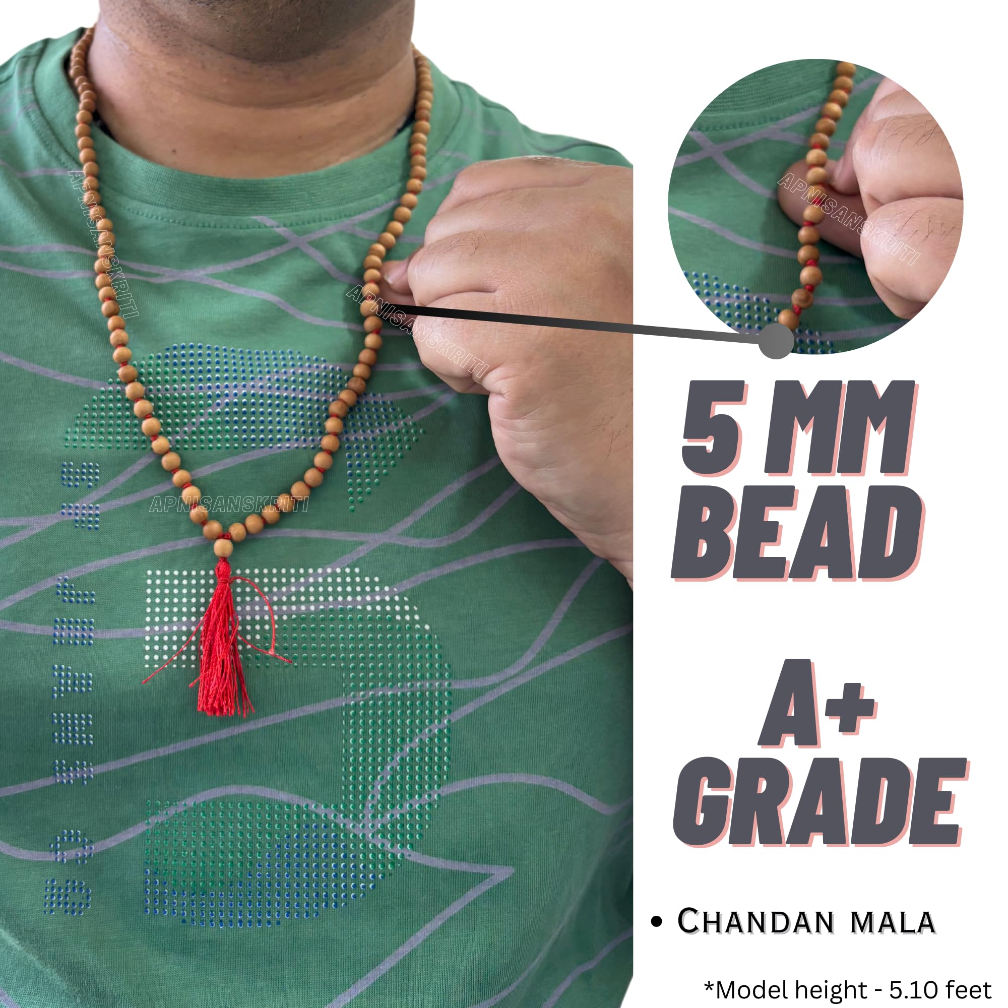 Apnisanskriti Chandan Mala (Sandalwood Rosary) for men and women wearing (4mm, small bead size, 108+1 Beads, Lab Certified) - Natural Light Brown Chandan Beads - Pack of 1