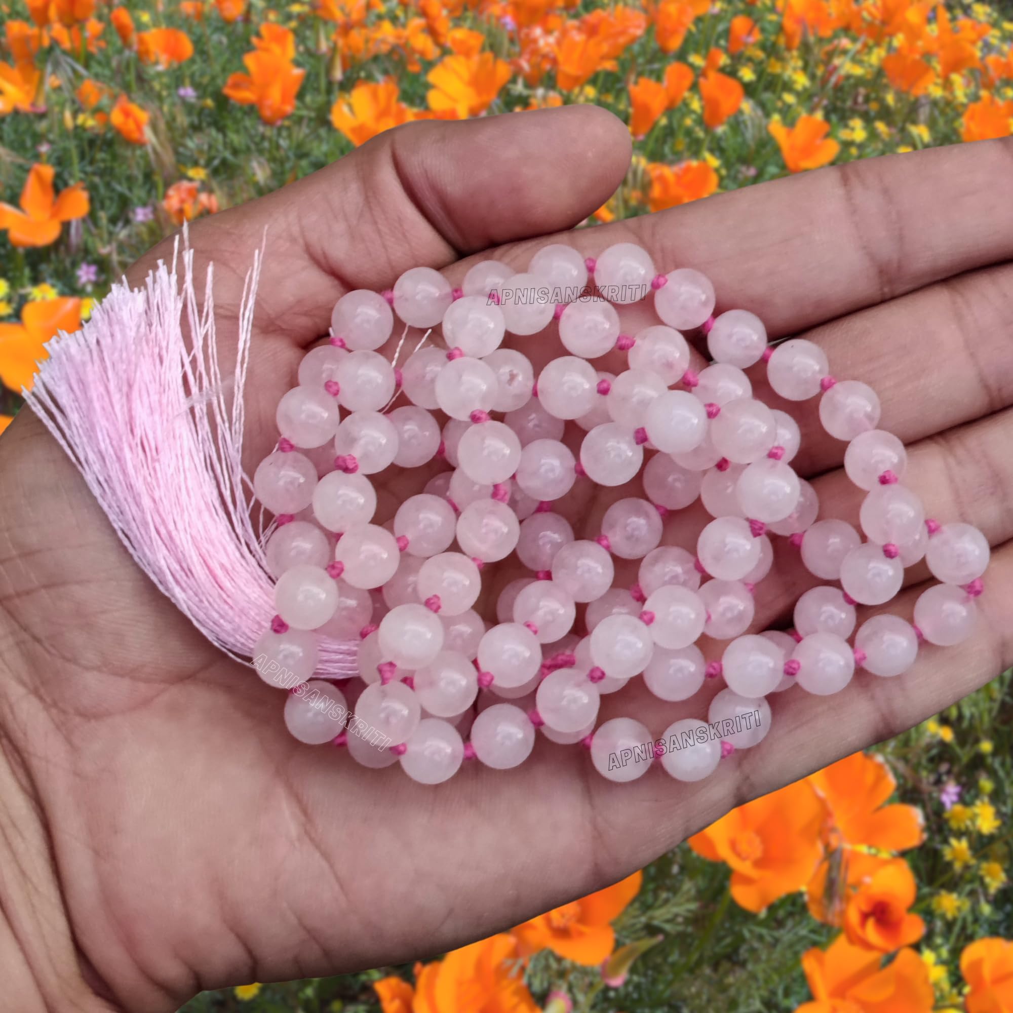 Apnisanskriti 8mm Rose Quartz Mala - Love and Compassion in Spiritual Awakening (Pack of 1)