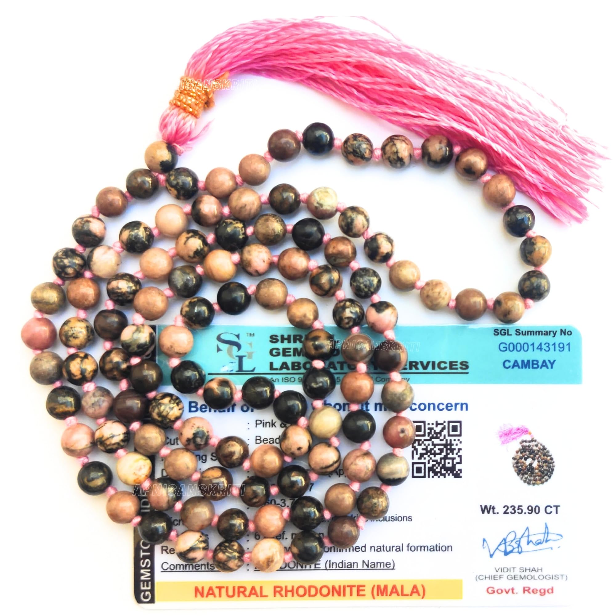 Apnisanskriti Premium Stone Mala for Men and Women (6mm, AAA Quality, Lab Certified, 108+1) - Natural Stone Beads Mala - Pack of 1