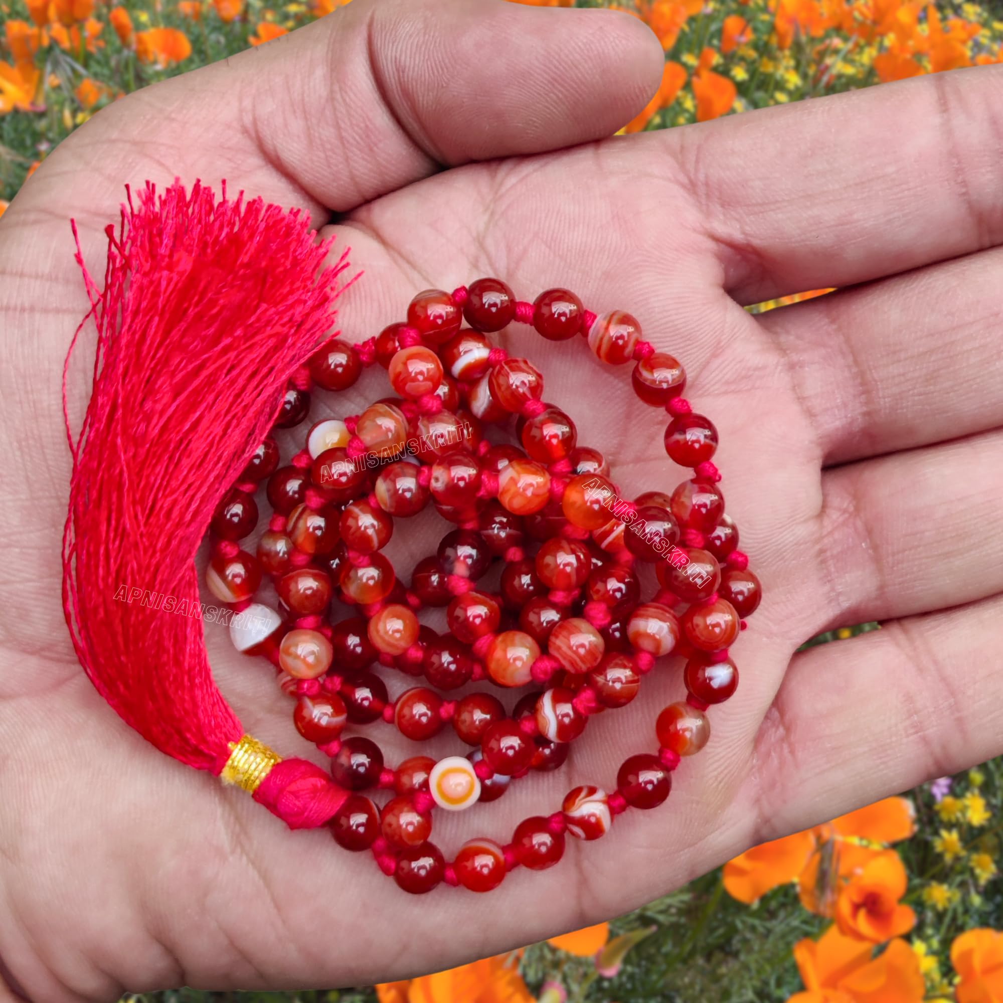 Apnisanskriti 8mm Red Carnelian Mala - Vitality and Creativity in Spiritual Practice (Pack of 1)