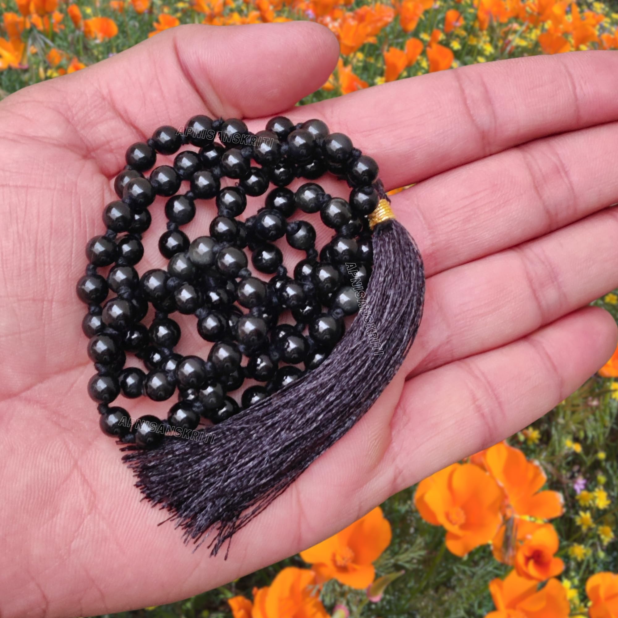 Apnisanskriti Black Obsidian Mala 6mm - Grounding Beads for Protection and Spiritual Clarity (Pack of 1)