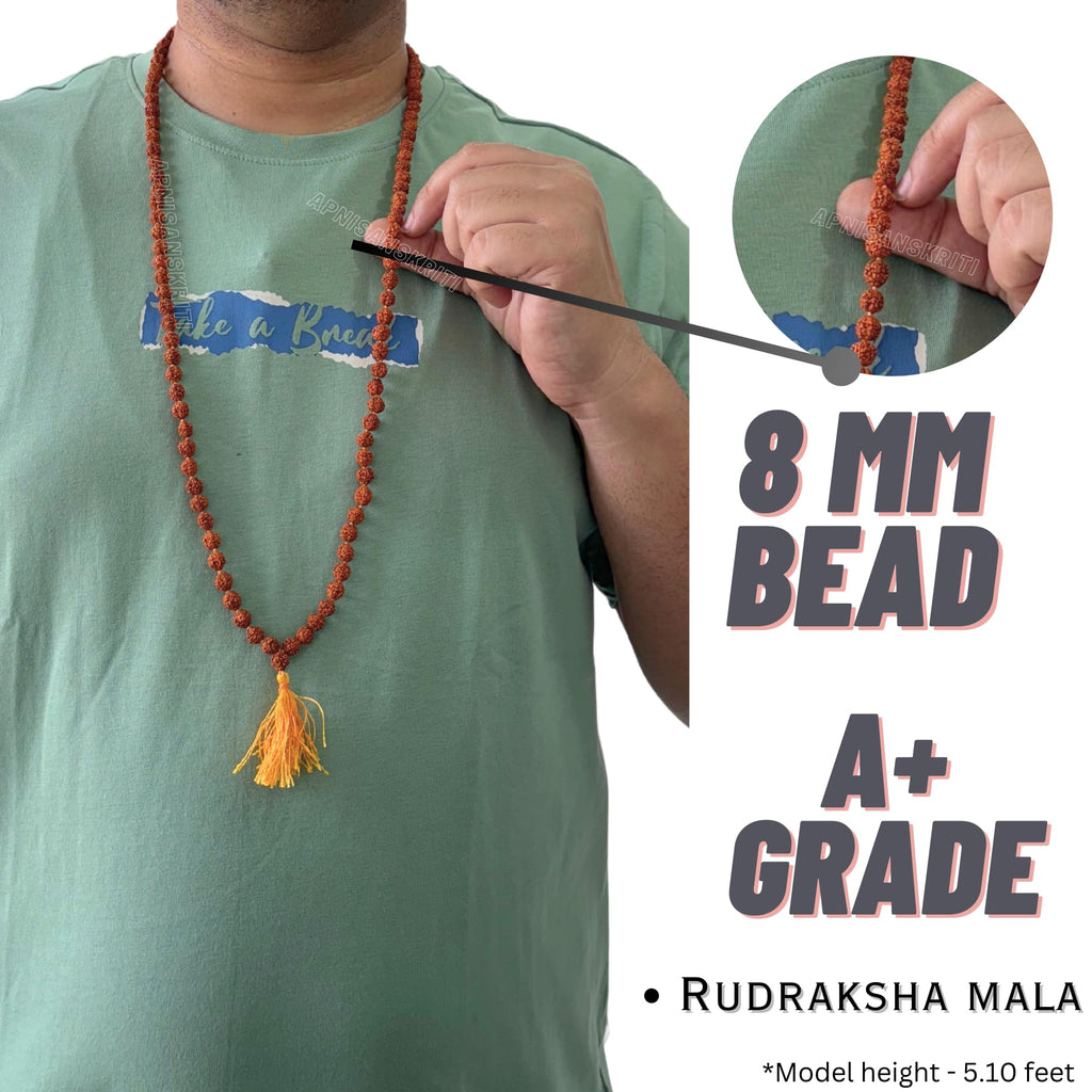 Apnisanskriti 5 Mukhi Rudraksha Mala for Men/Women Wearing (108+1, Lab Certified, Natural Brown Rudraksha Beads)