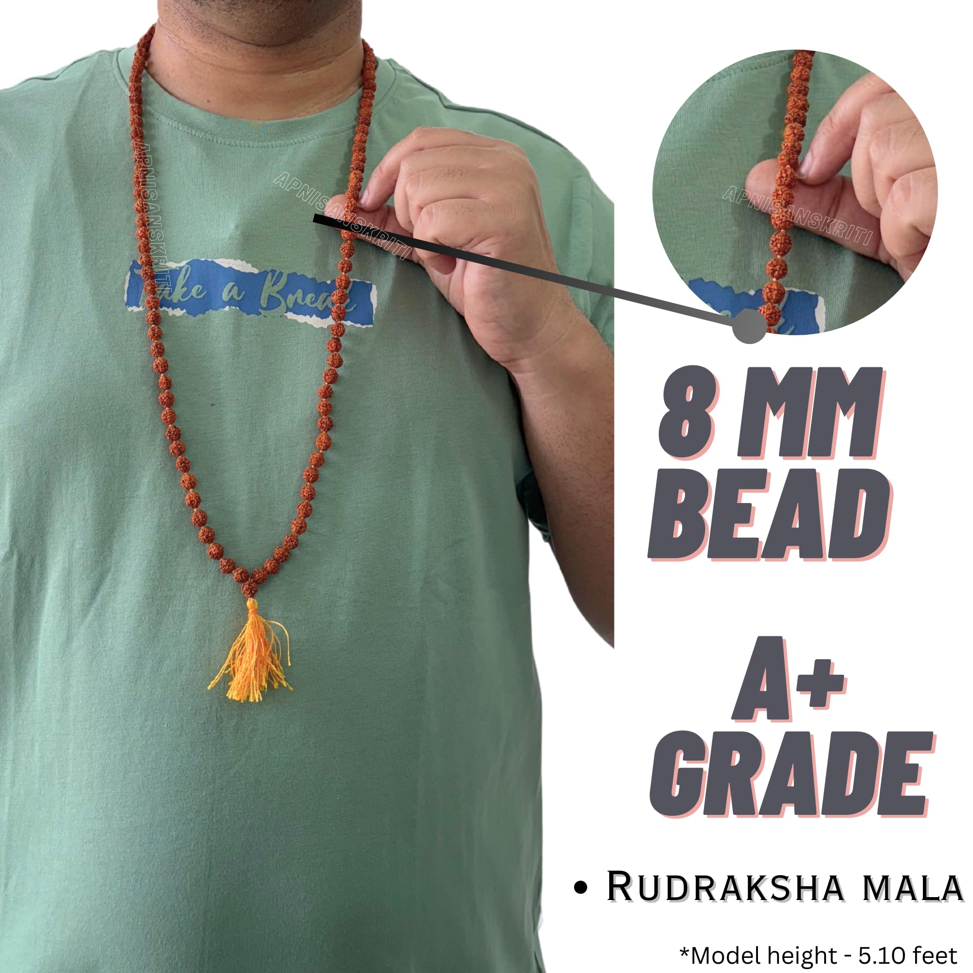 Apnisanskriti 5 Mukhi Rudraksha Mala for Men/Women Wearing (108+1, Lab Certified, Natural Brown Rudraksha Beads)