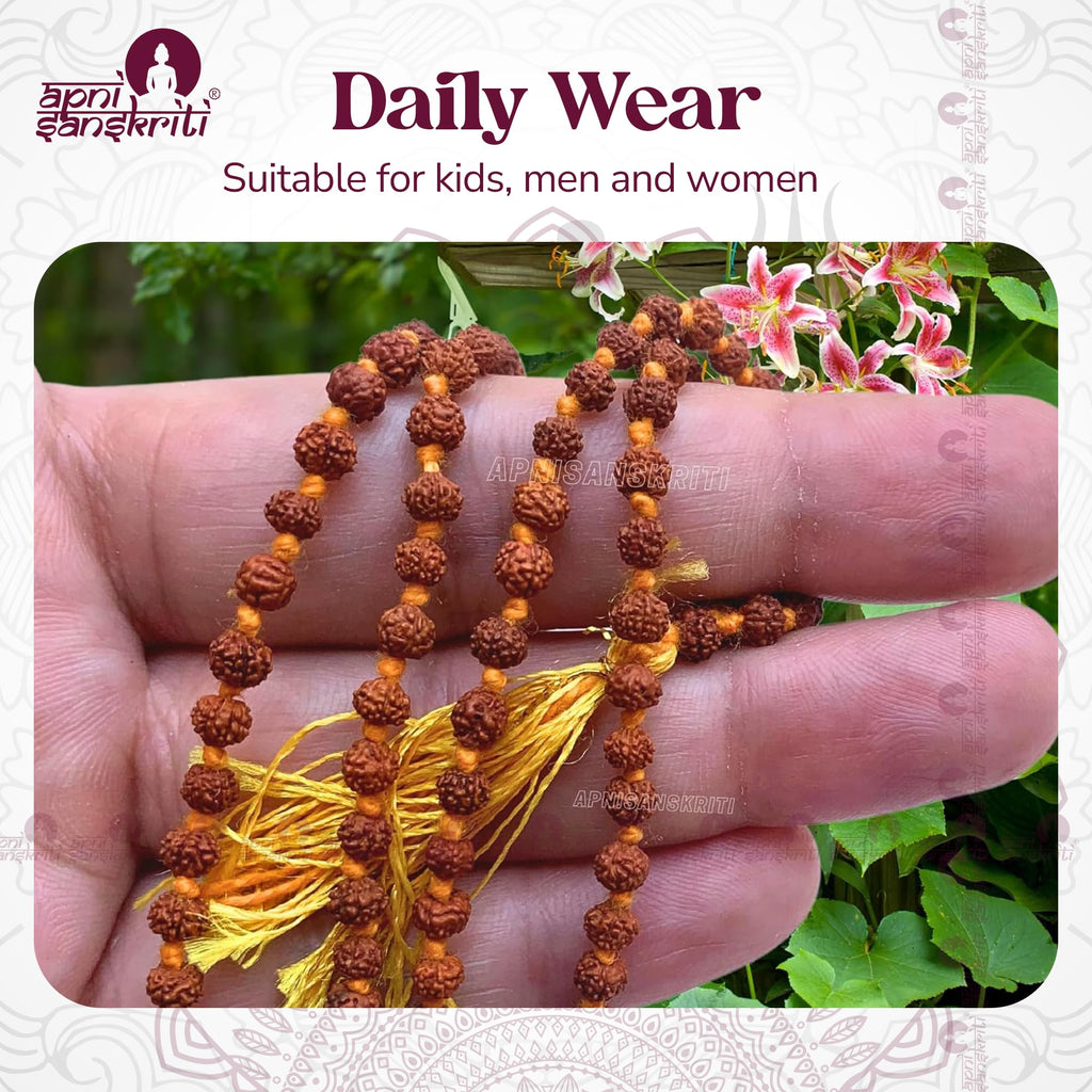 Apnisanskriti 5 Mukhi Rudraksha Mala for Men/Women Wearing (108+1, Lab Certified, Natural Brown Rudraksha Beads)