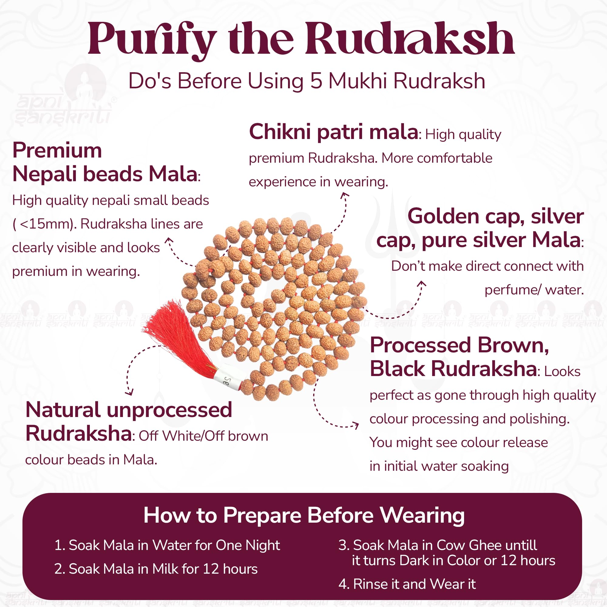 Apnisanskriti 5 Mukhi Chikni Pathri Rudraksha Mala For Jaap and Men/Women Wearing (12Mm, Lab Certified, Big Bead Size, 108+1) - A+ Grade - Pack Of 1