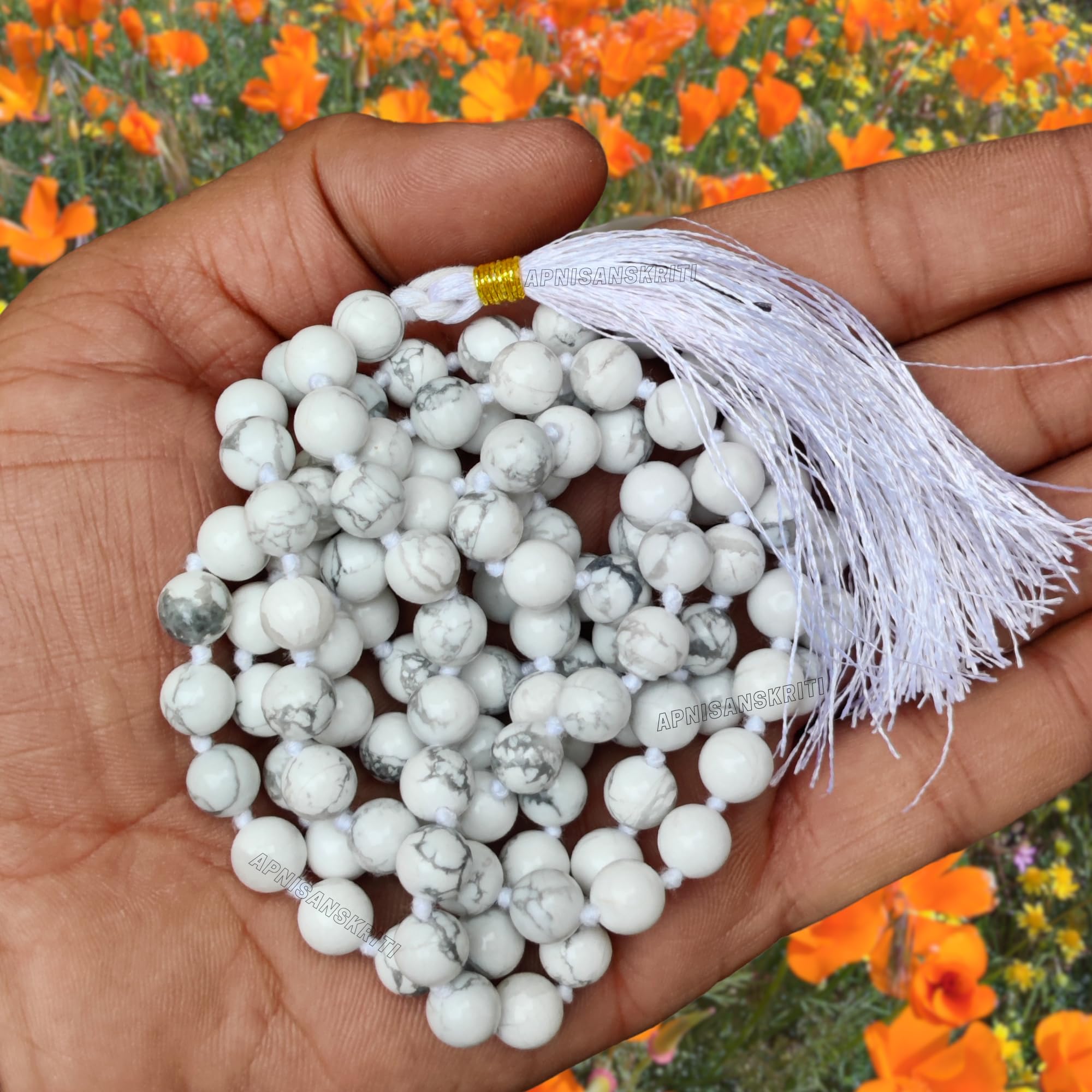 Apnisanskriti 8mm Howlite Mala - Calming Beads for Stress Relief and Spiritual Balance (Pack of 1)