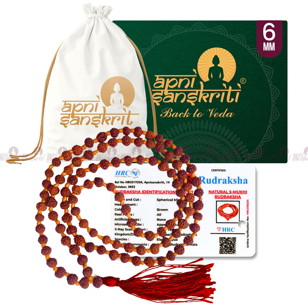 Apnisanskriti 5 Mukhi Rudraksha Mala for Men / Women Wearing (6mm, Medium Bead Size, 108+1 Beads, Lab Certified) - Natural Brown Rudraksh Beads - Pack of 1