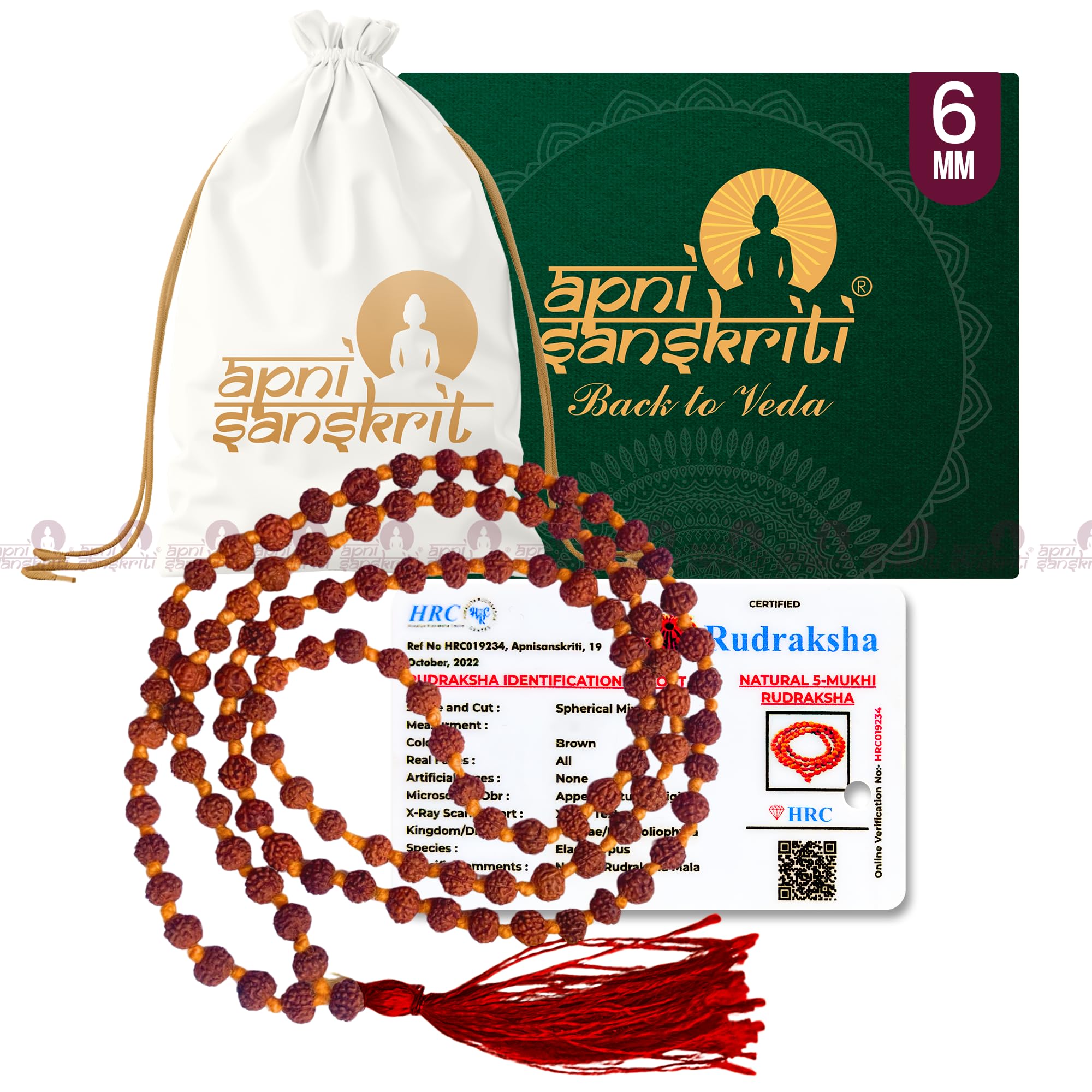 Apnisanskriti 5 Mukhi Rudraksha Mala for Men / Women Wearing (6mm, Medium Bead Size, 108+1 Beads, Lab Certified) - Natural Brown Rudraksh Beads - Pack of 1